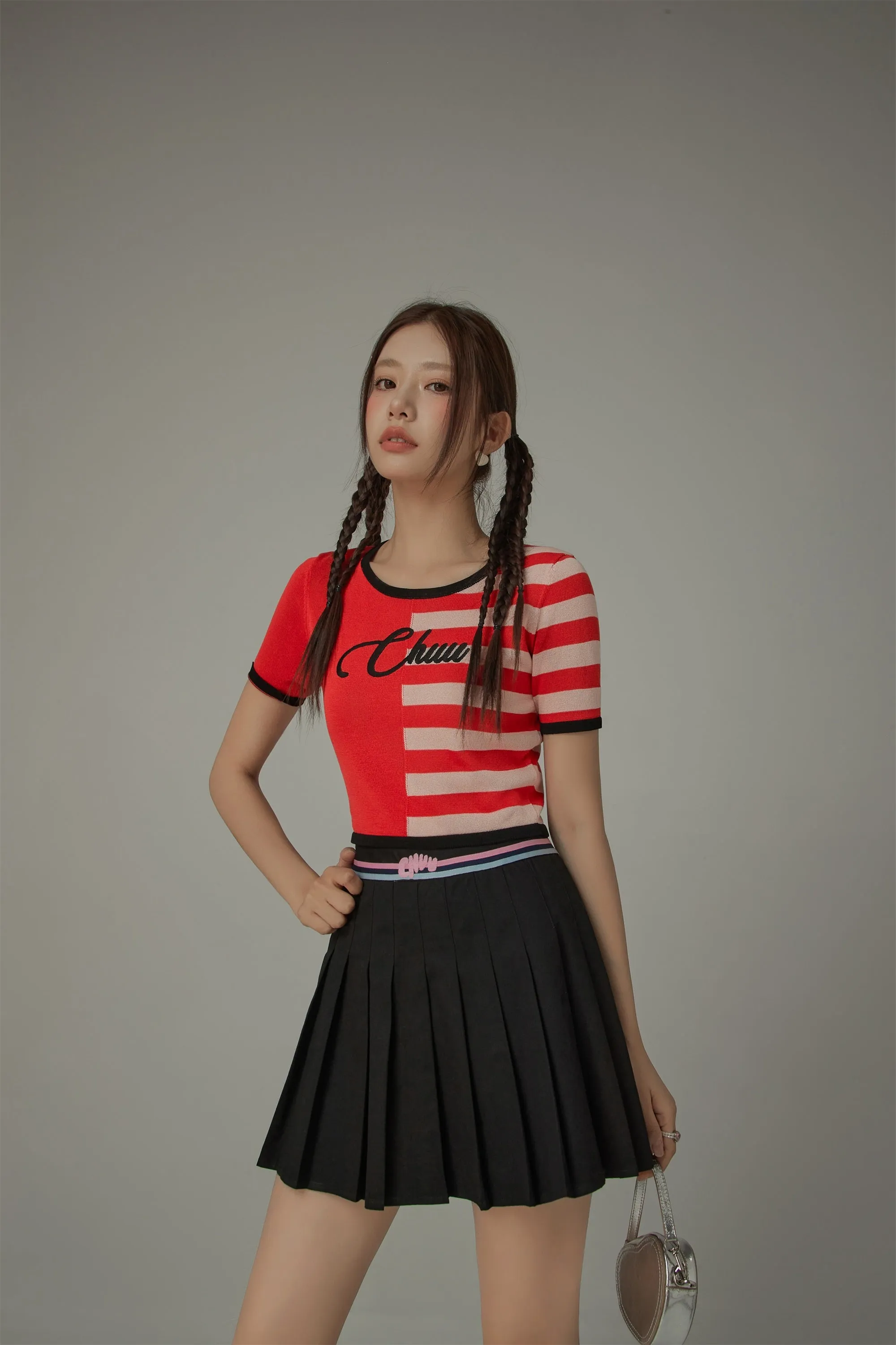 Chuu Lettering Half Striped Colorblocked Knit Crop Top