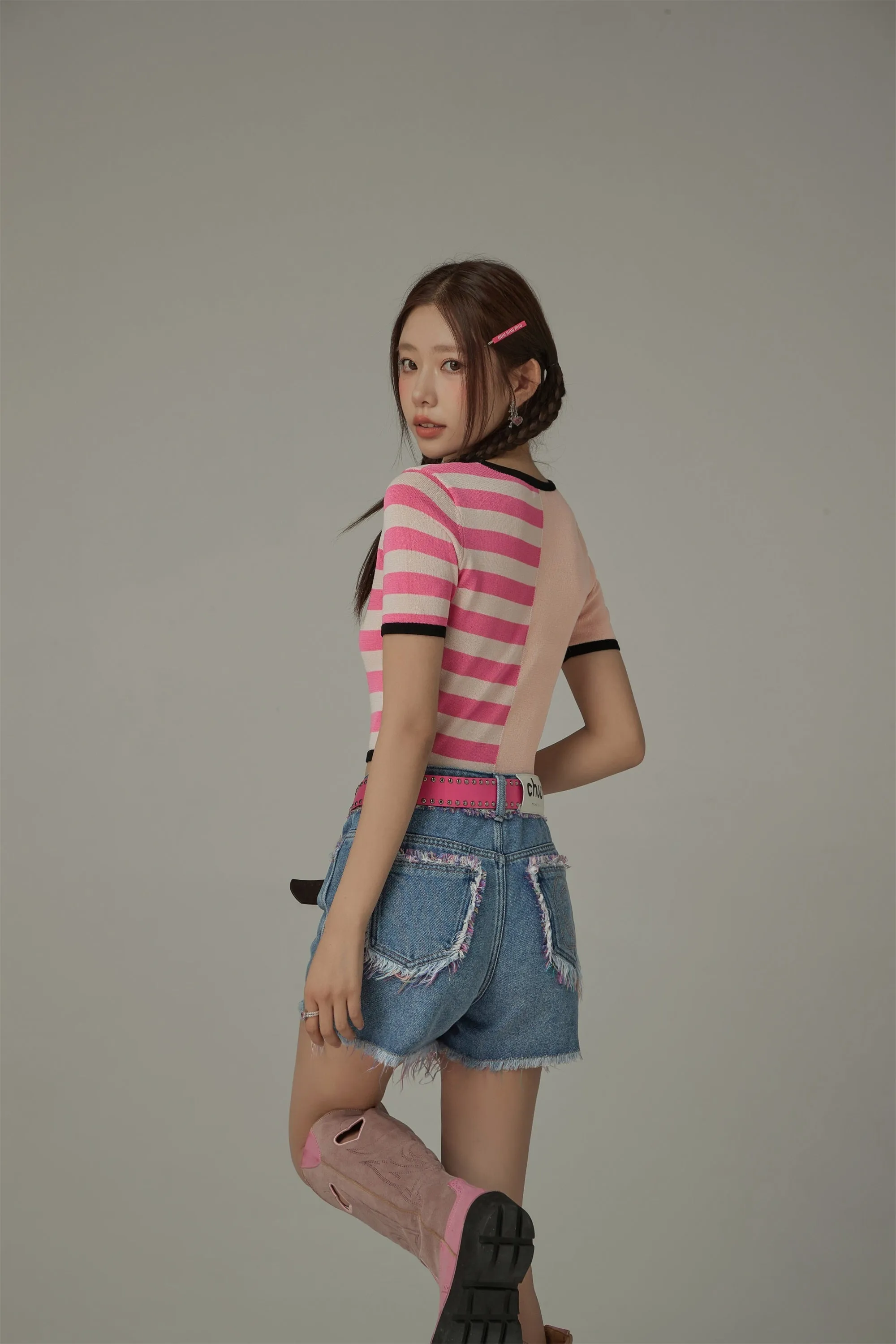 Chuu Lettering Half Striped Colorblocked Knit Crop Top