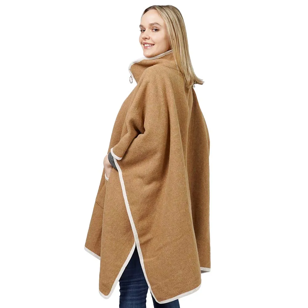 Contrast Trimmed Zip Up Cape Poncho