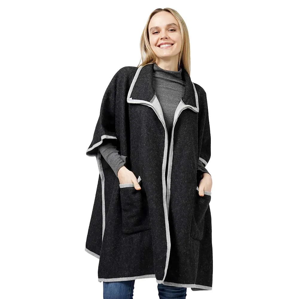 Contrast Trimmed Zip Up Cape Poncho