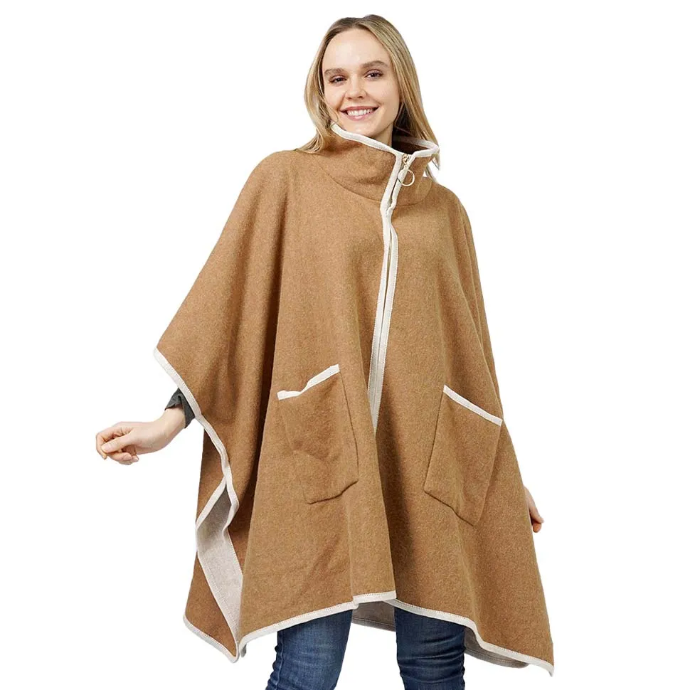 Contrast Trimmed Zip Up Cape Poncho