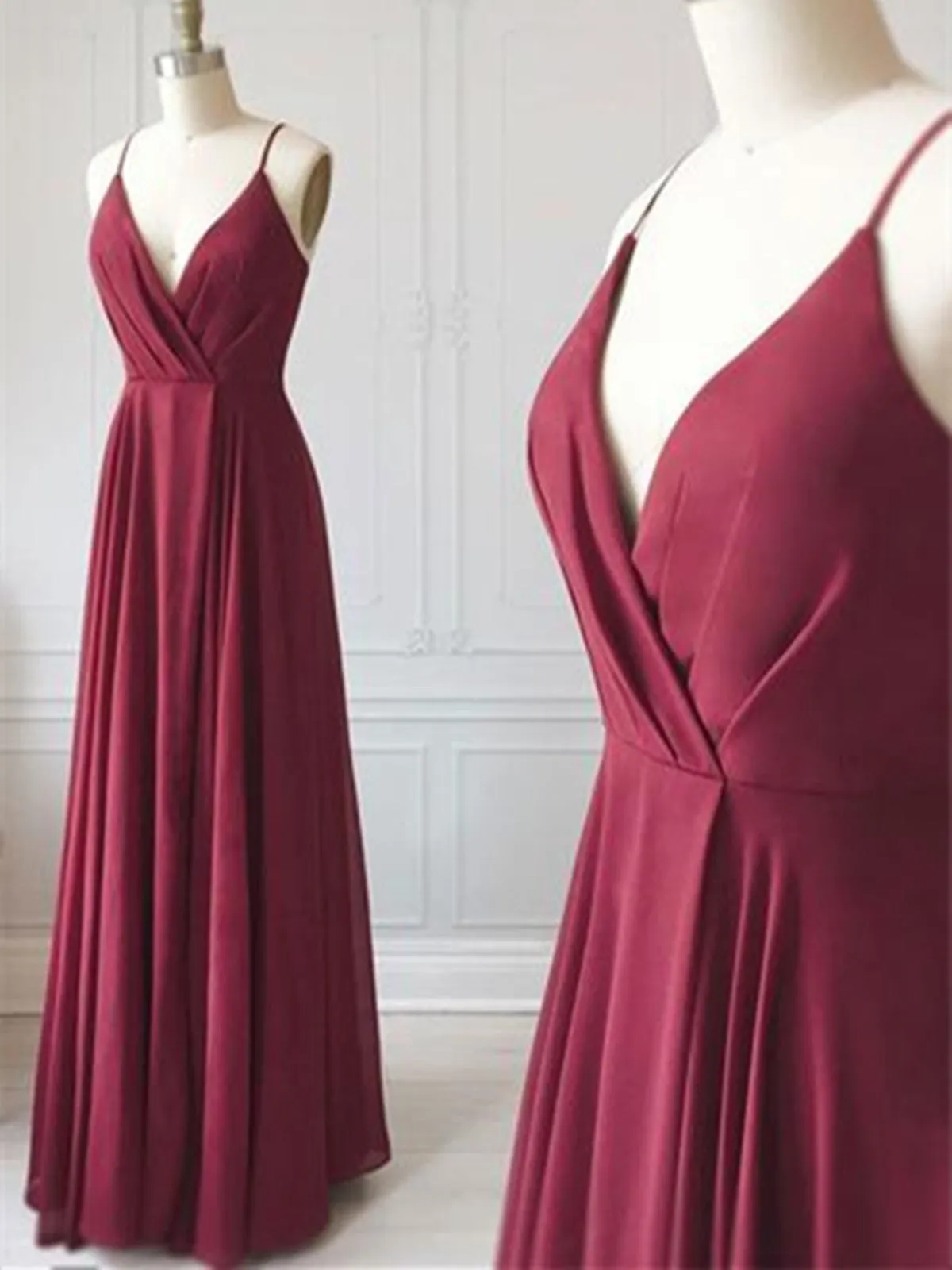 Custom Made  V Neck Burgundy Chiffon Long Prom Dresses,  V Neck Burgundy Formal Evening Dresses