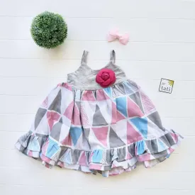 Dahlia Dress in Pink Triangle and Gray Cotton Stretch