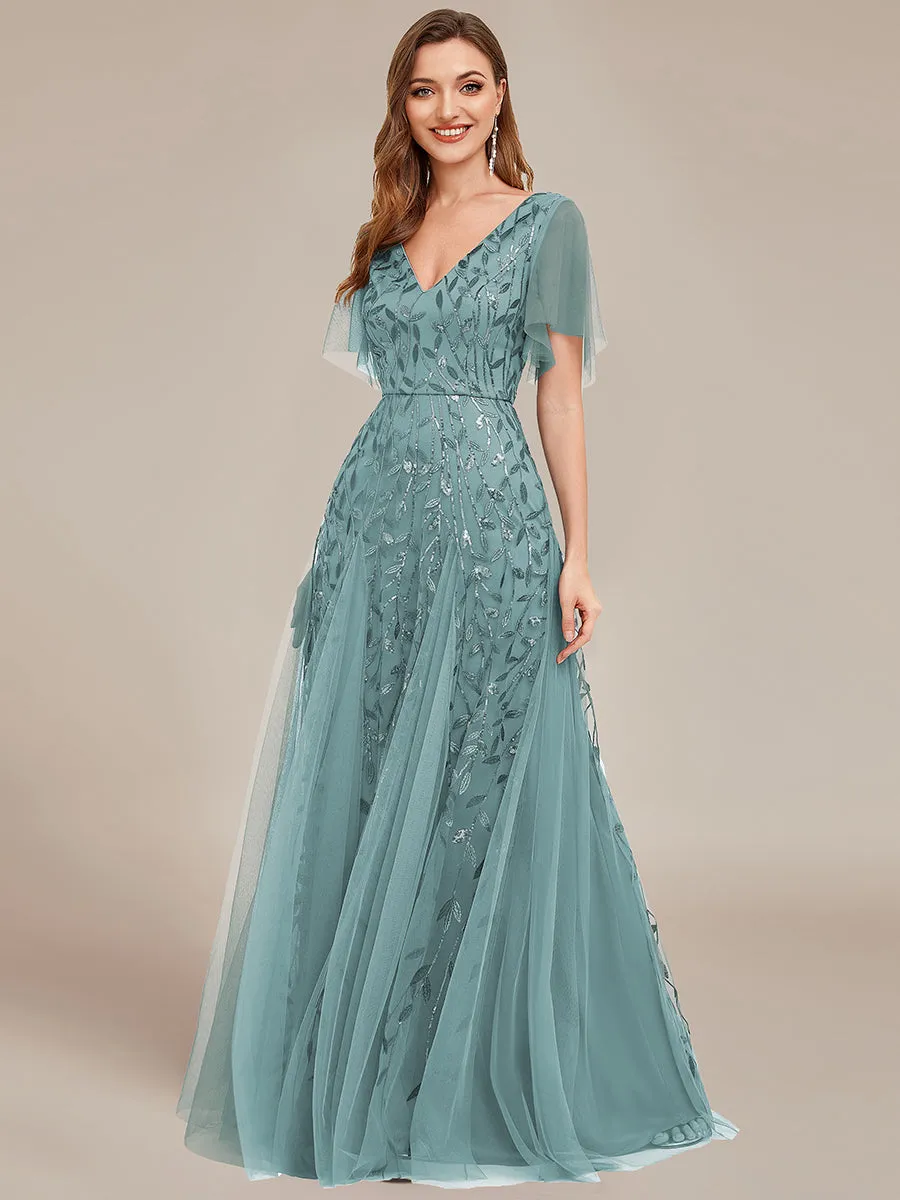 Deep V Neck Sequin Evening Gown With Short Sleeves