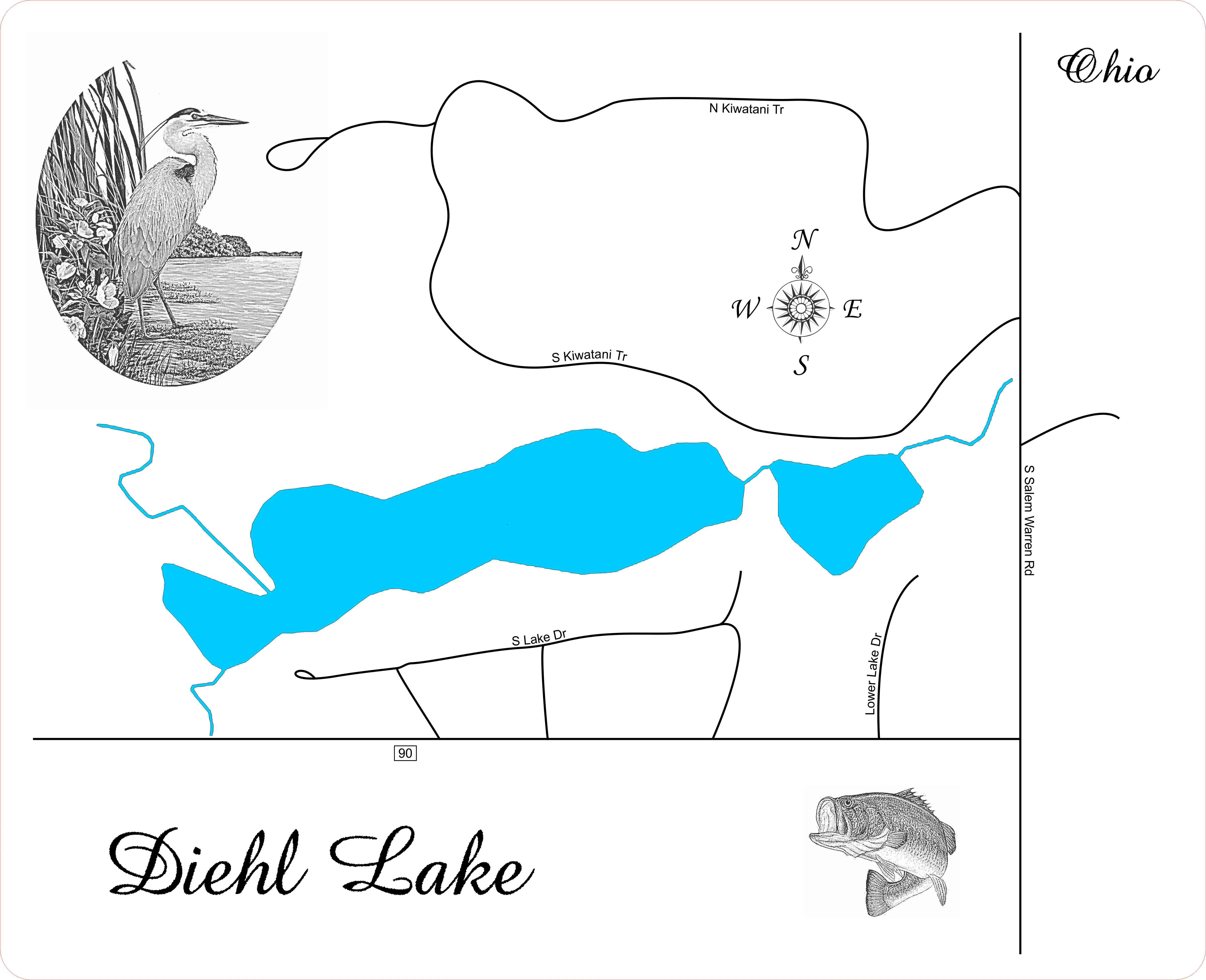 Diehl Lake, Ohio - Laser Cut Wood Map