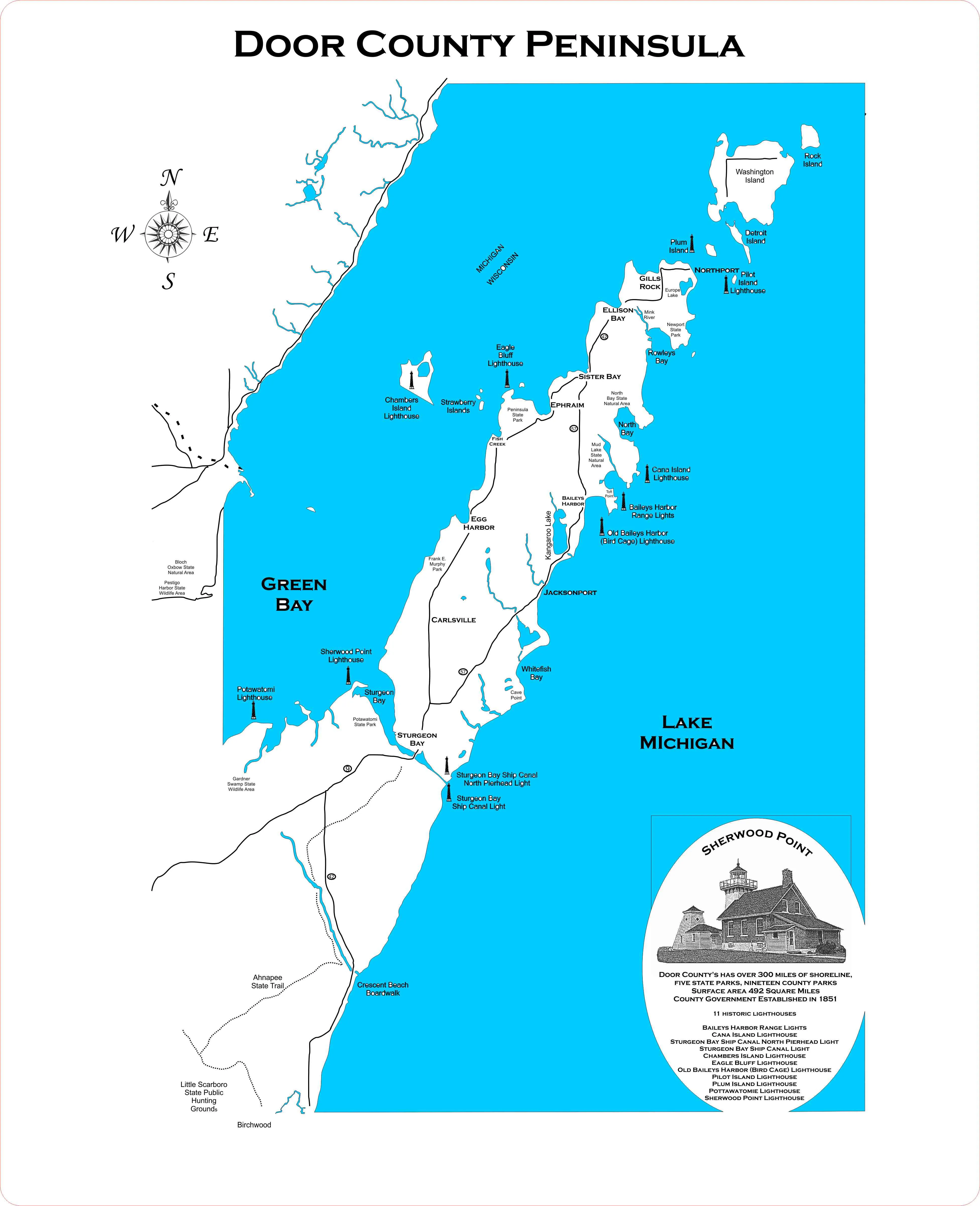 Door County Peninsula, Wisconsin - Laser Cut Wood Map