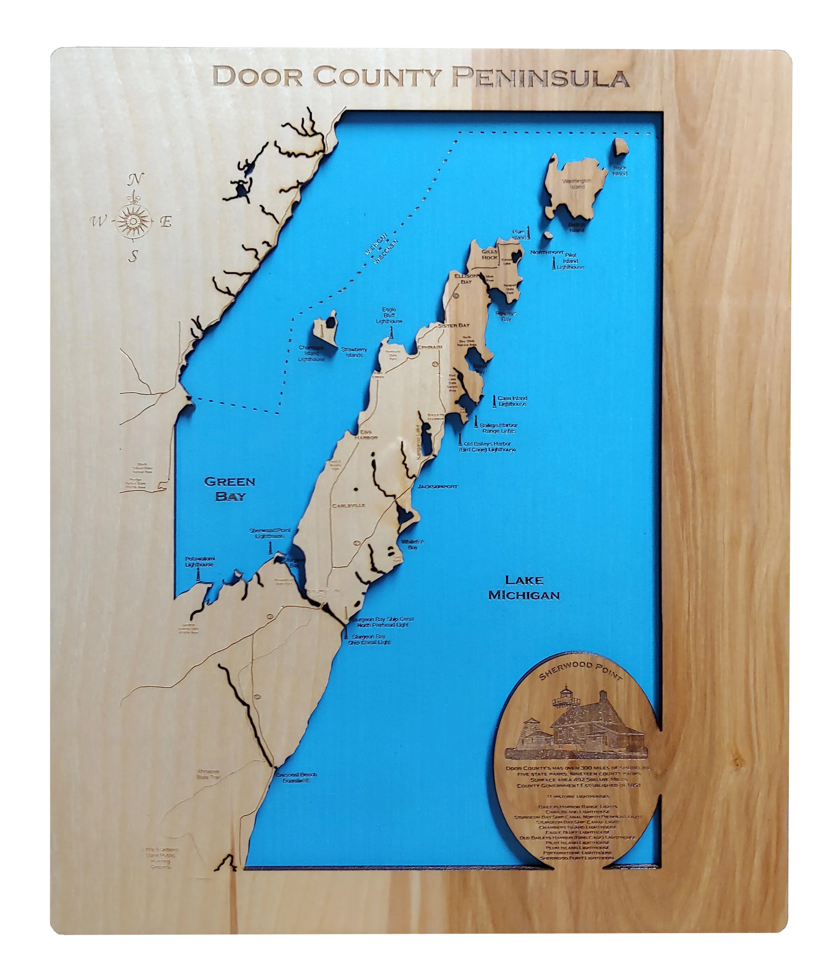 Door County Peninsula, Wisconsin - Laser Cut Wood Map