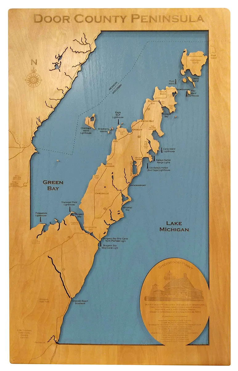 Door County Peninsula, Wisconsin - Laser Cut Wood Map