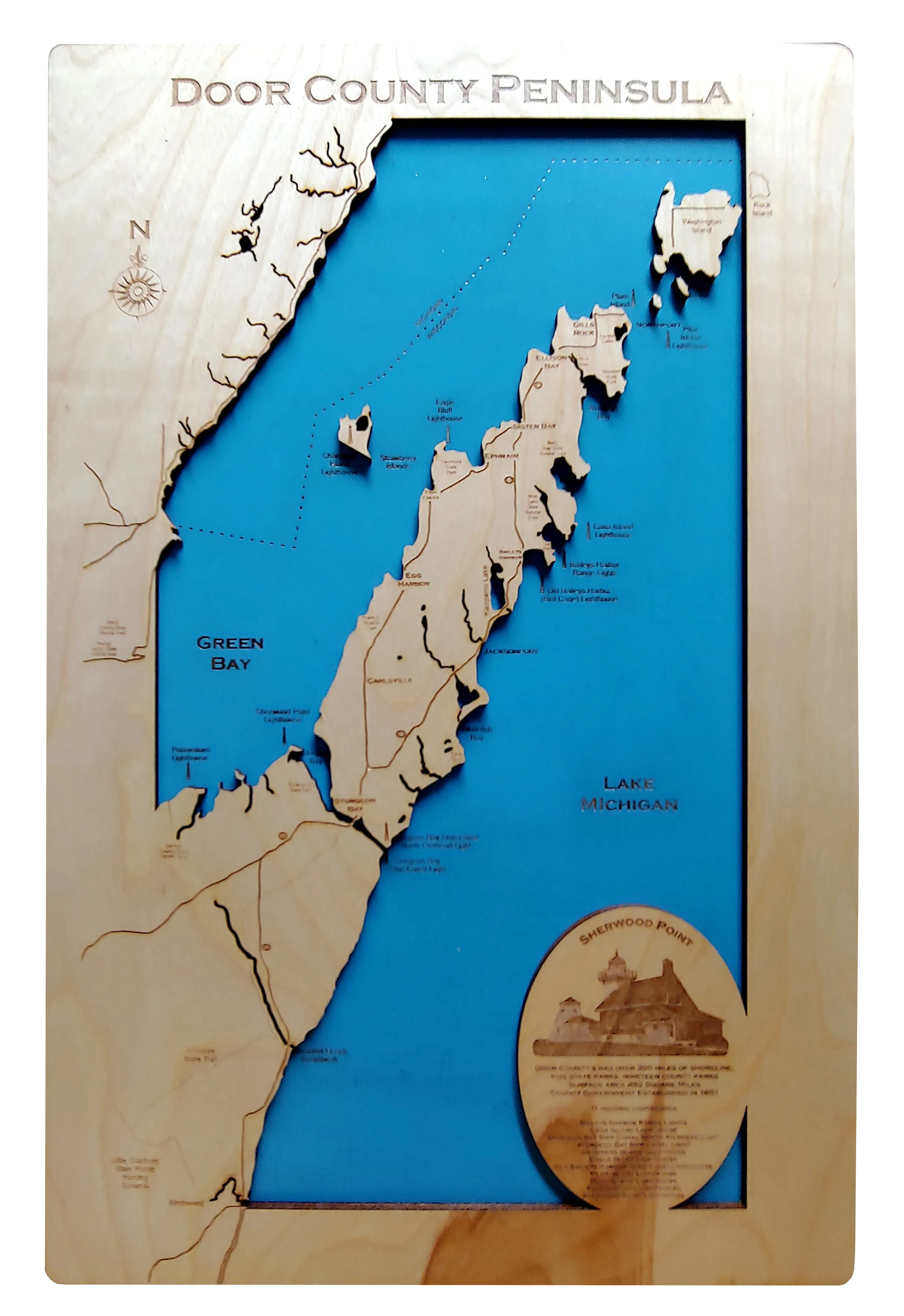 Door County Peninsula, Wisconsin - Laser Cut Wood Map