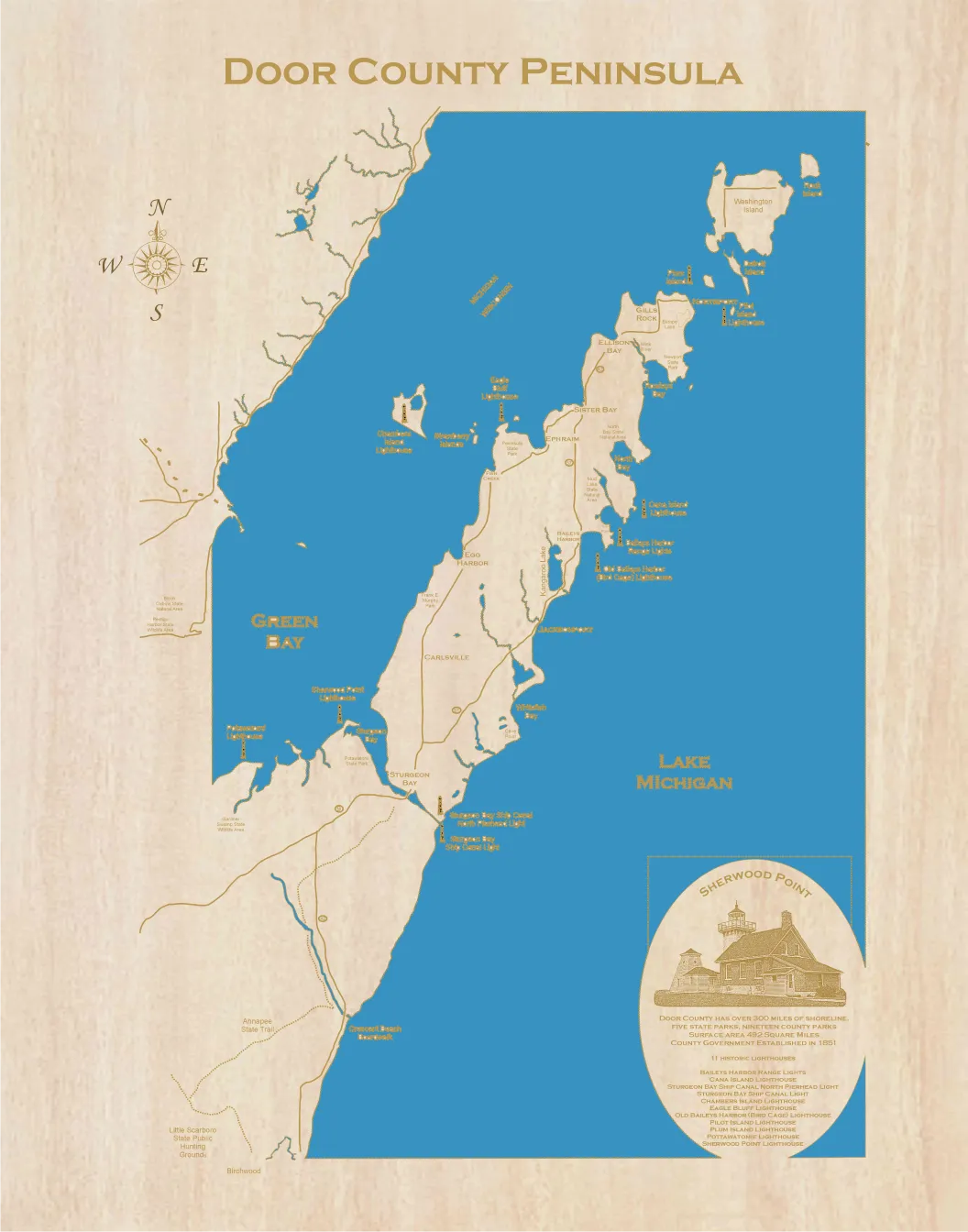 Door County Peninsula, Wisconsin - Laser Cut Wood Map