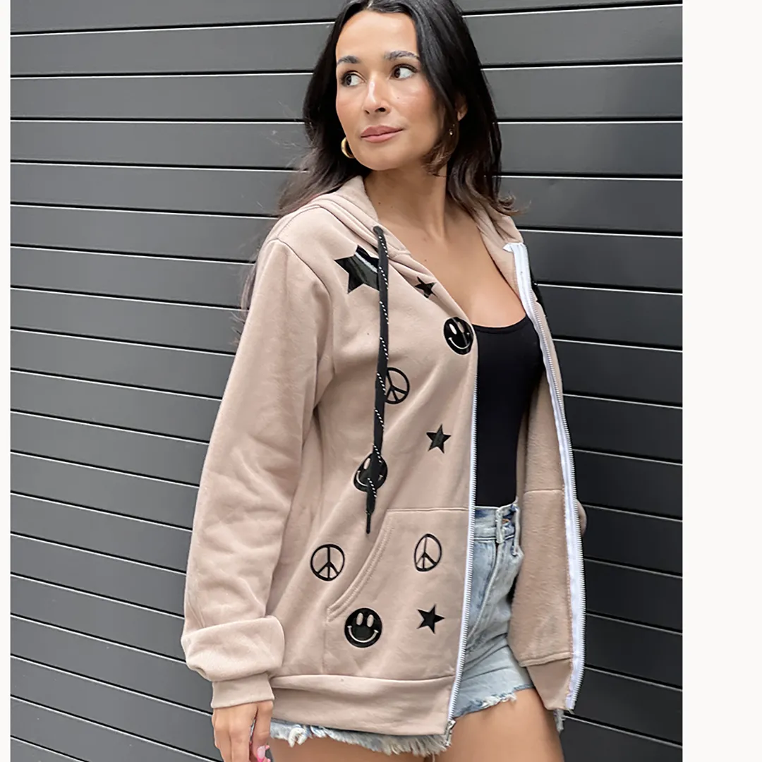 Dotty Zip Up Putty Hoodie - Tan w/ Black glossy smiles