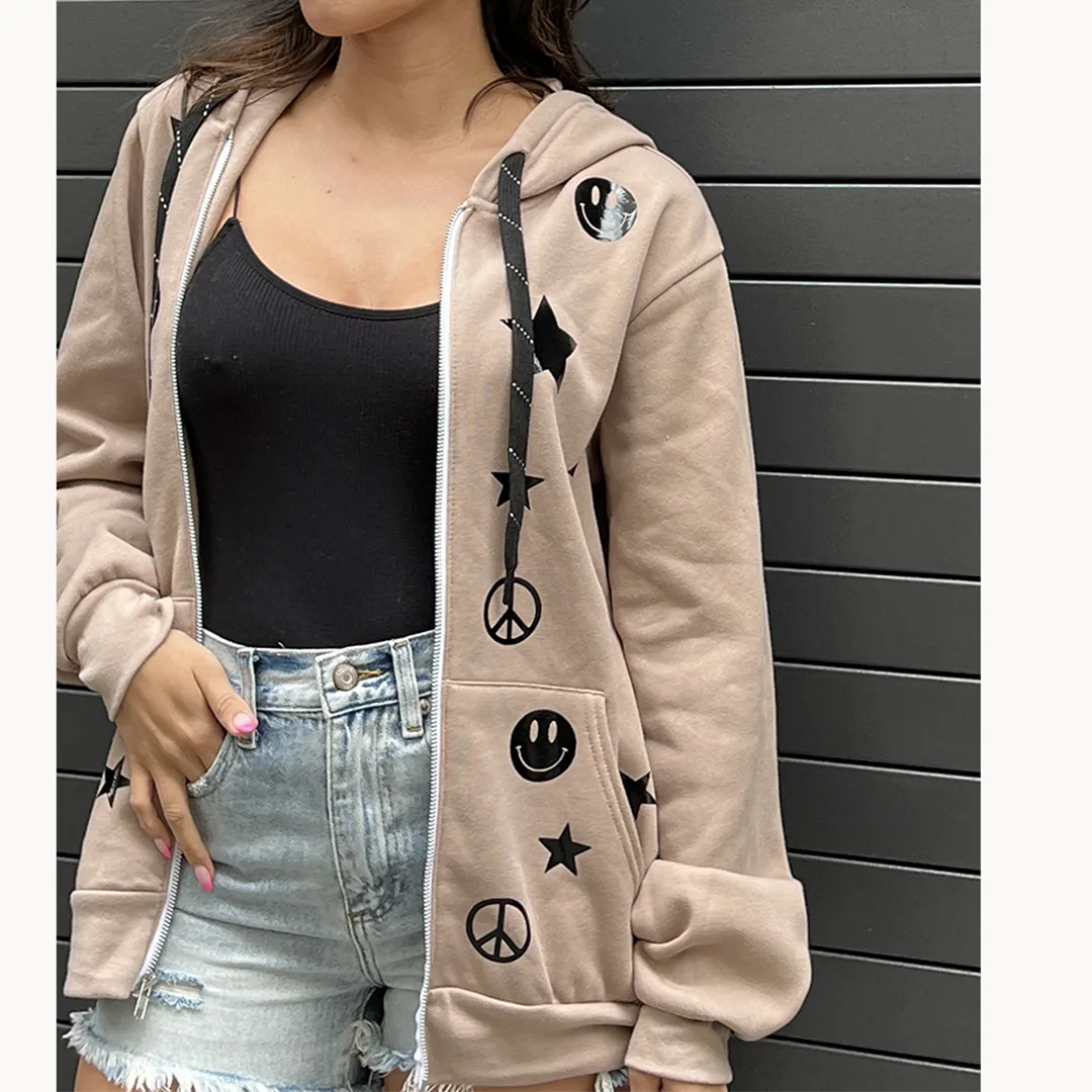 Dotty Zip Up Putty Hoodie - Tan w/ Black glossy smiles