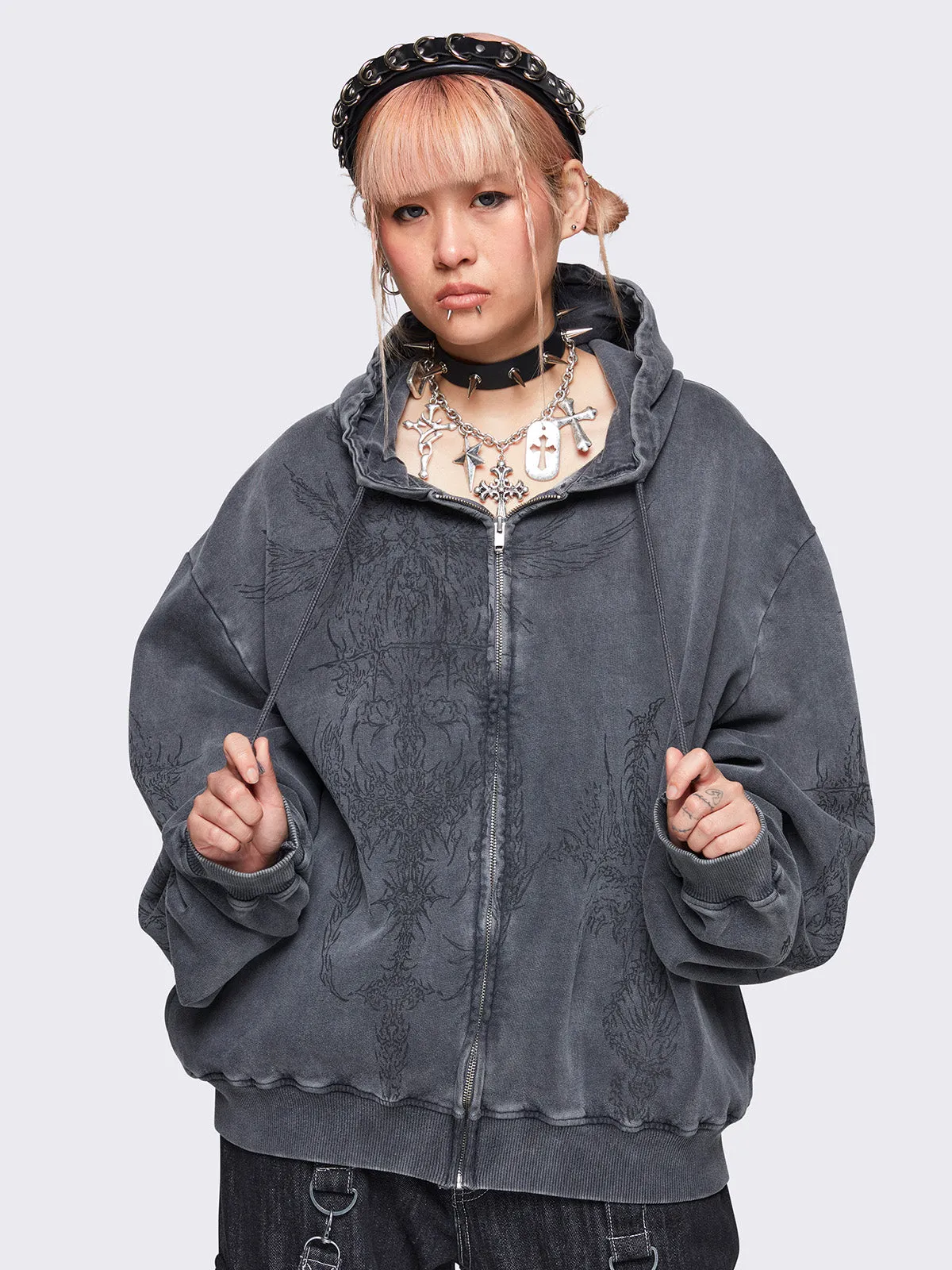 Heres an optimized title for the product with modifiers: Stylish Oversized Zip-Up Hoodie in Enigmatic Grey - Cozy and Fashionable Streetwear.