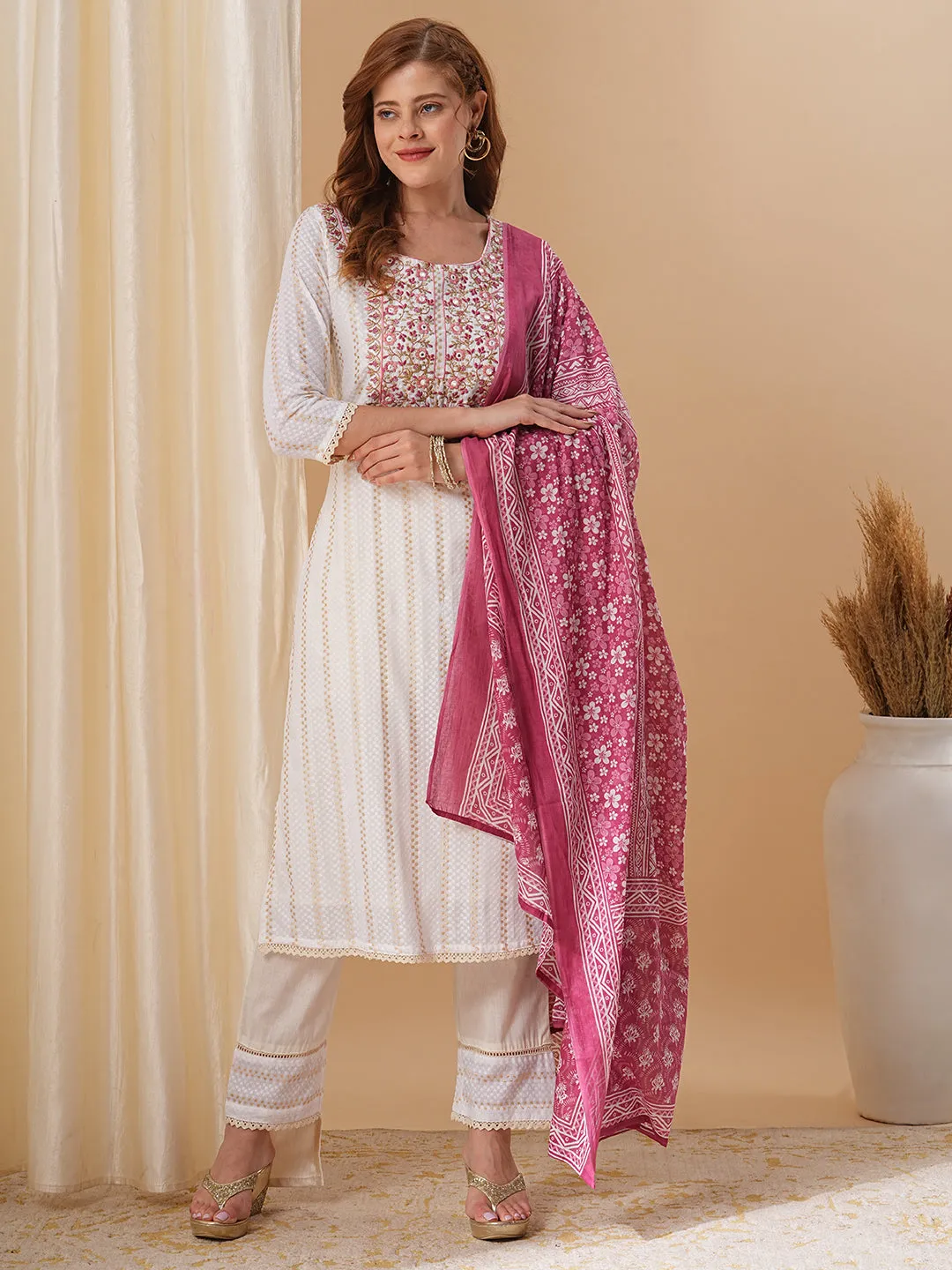 Ethnic Floral Embroidered Straight Kurta with Pant & Printed Dupatta - Off White