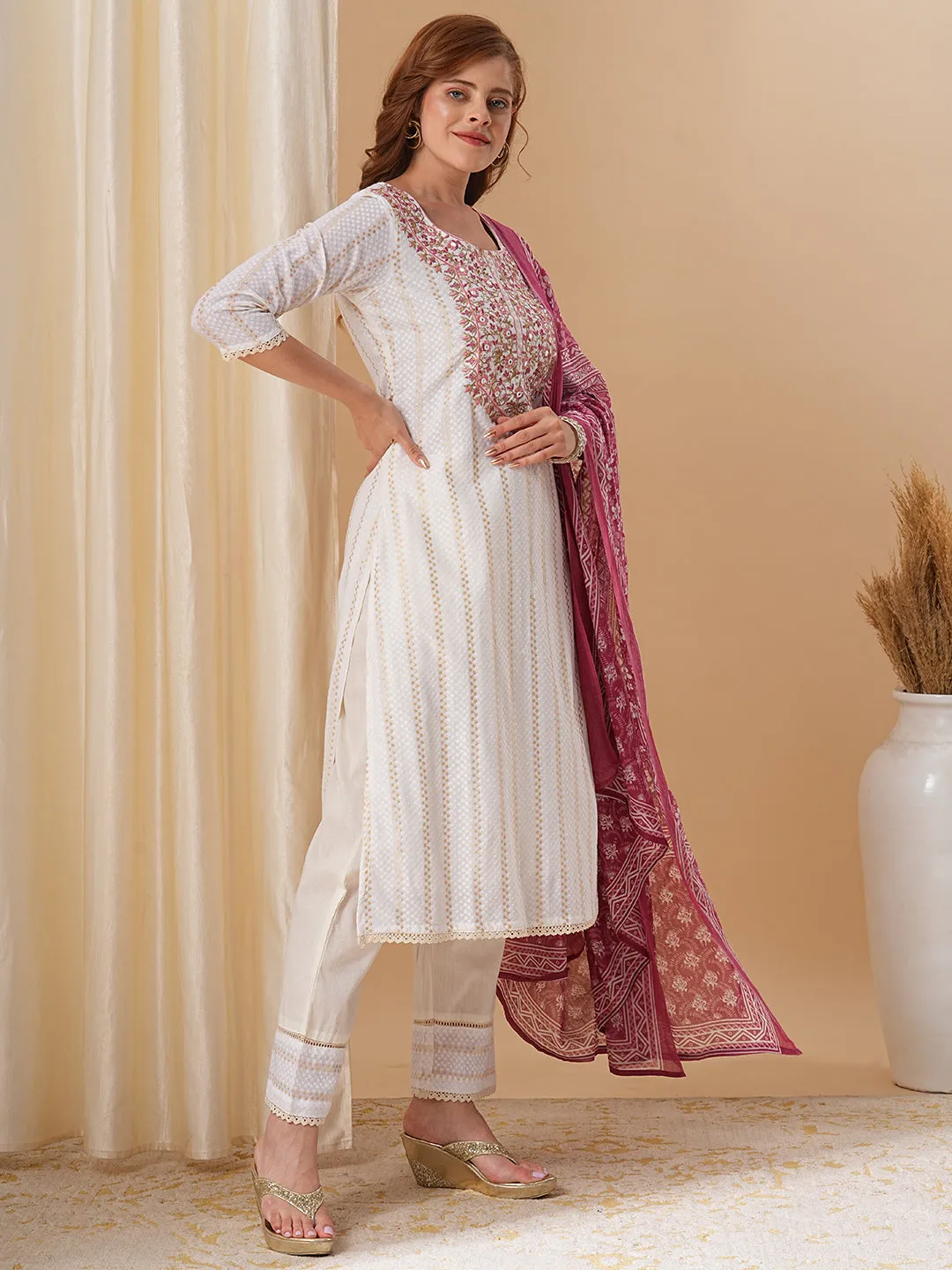 Ethnic Floral Embroidered Straight Kurta with Pant & Printed Dupatta - Off White