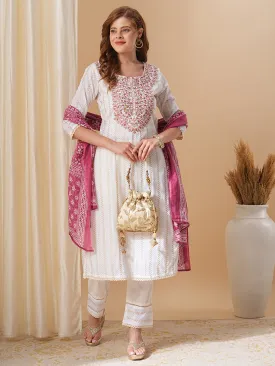 Ethnic Floral Embroidered Straight Kurta with Pant & Printed Dupatta - Off White