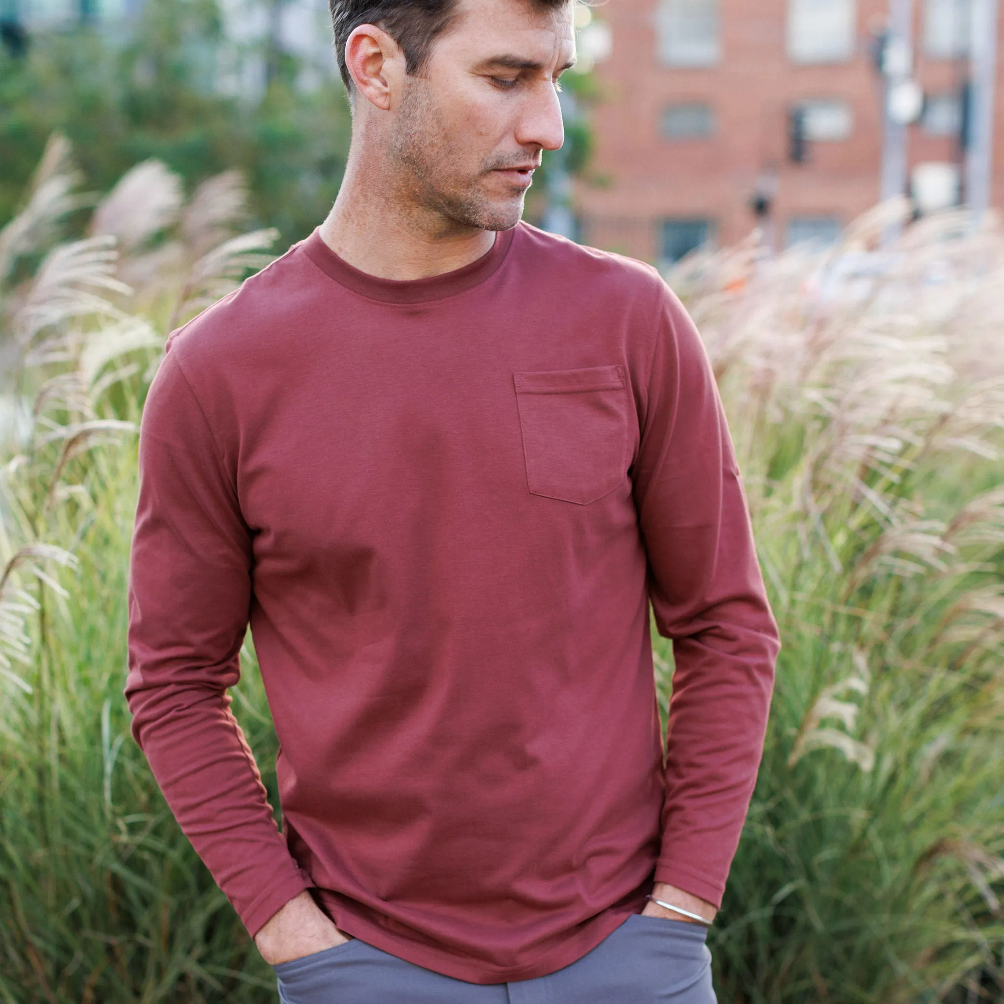 Everyday Long Sleeve Tee with Pocket in Crimson