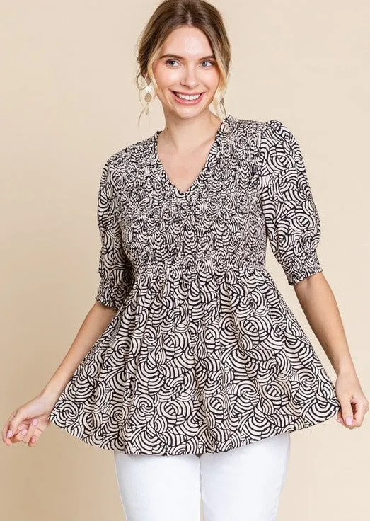 FINAL SALE - Black & Taupe Printed Babydoll Top