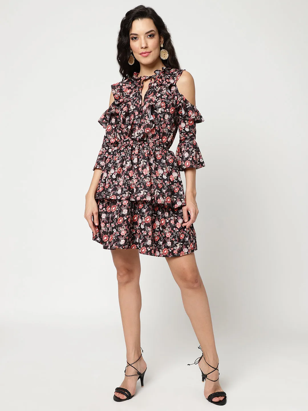 Floral Multicolor Digital Printed Dress With Ruffles