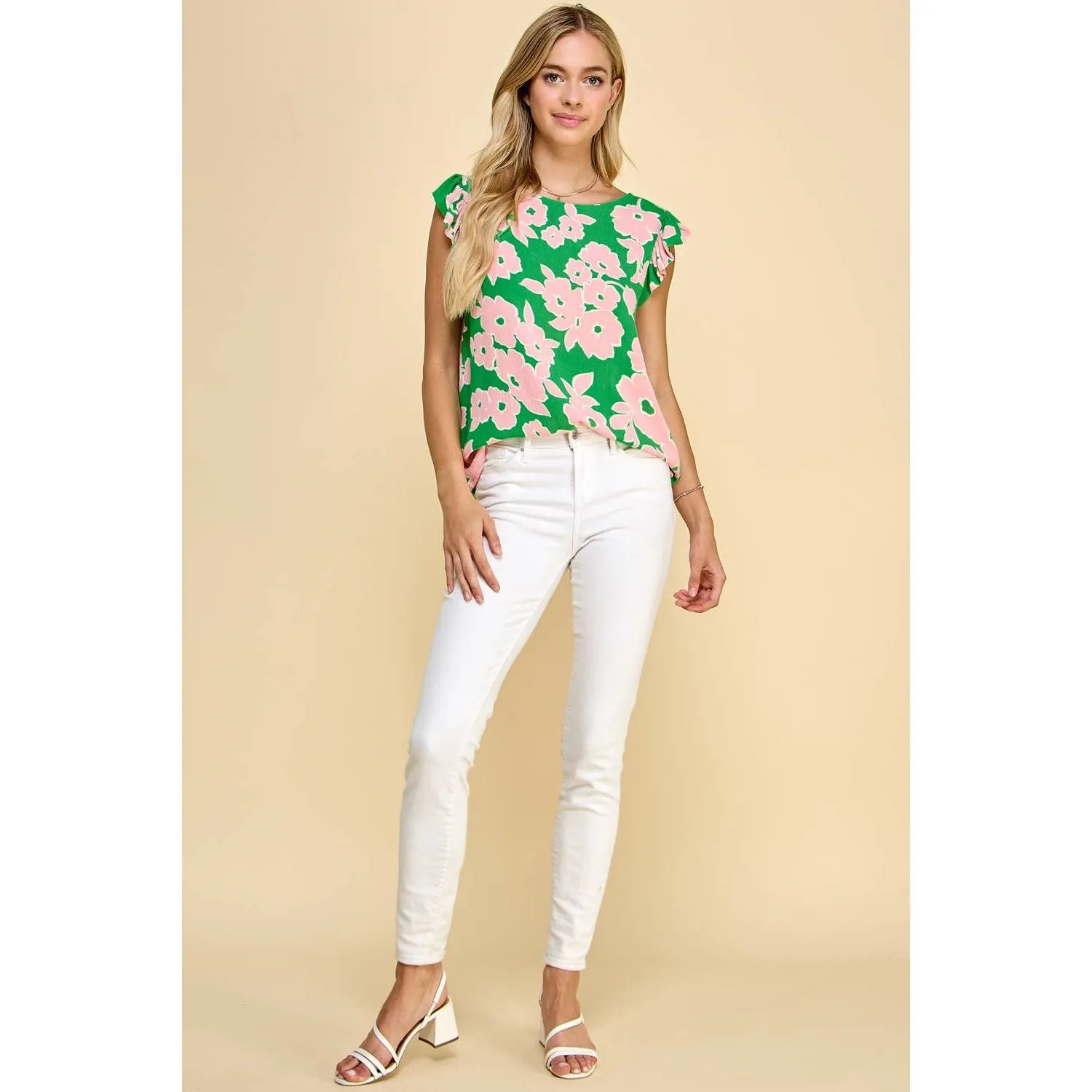 Floral Printed Top with Ruffled Short Sleeve Detail