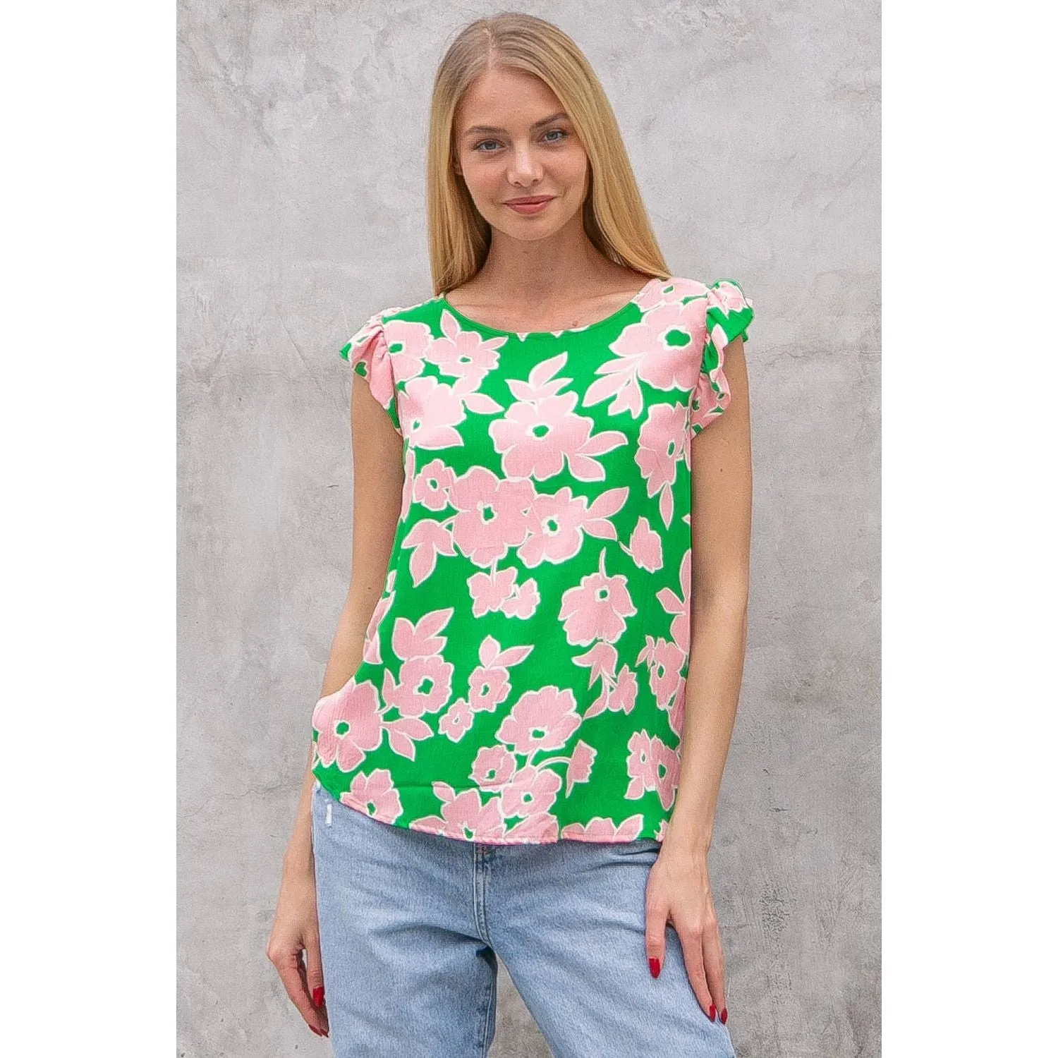 Floral Printed Top with Ruffled Short Sleeve Detail