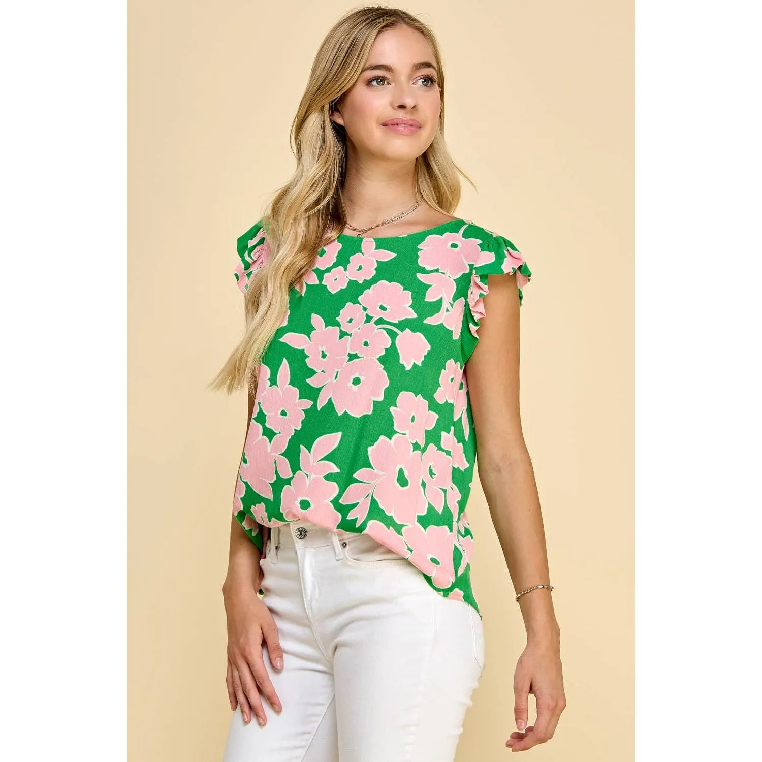 Floral Printed Top with Ruffled Short Sleeve Detail