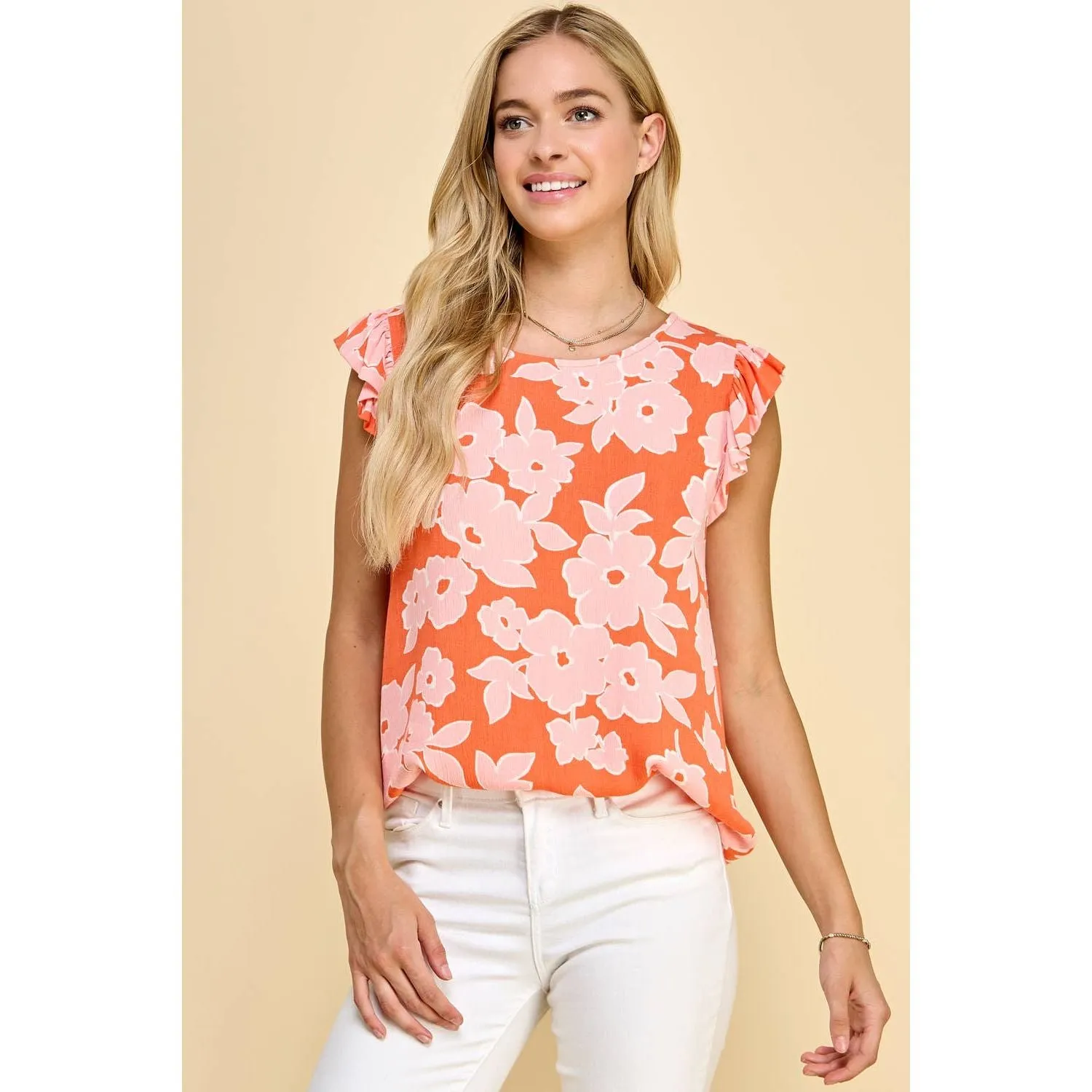 Floral Printed Top with Ruffled Short Sleeve Detail