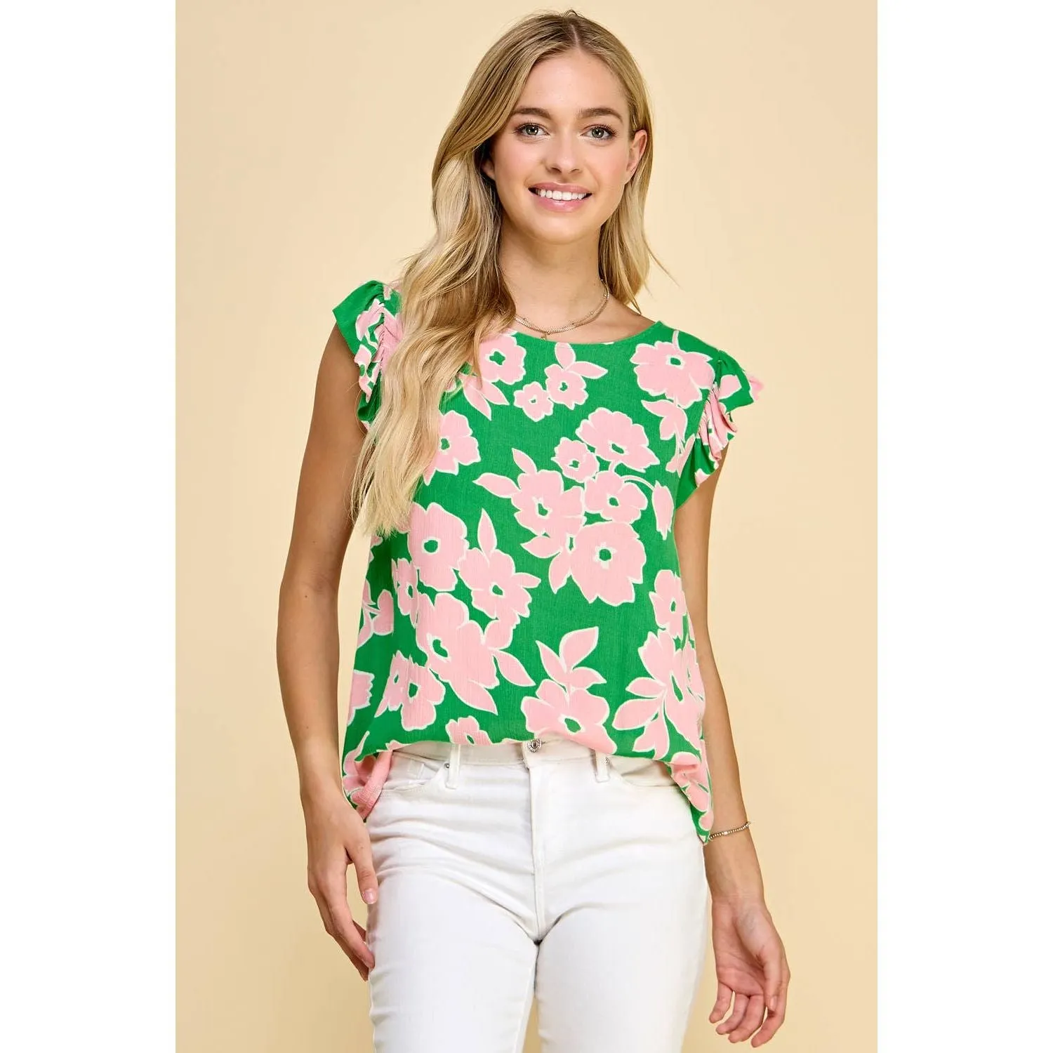 Floral Printed Top with Ruffled Short Sleeve Detail