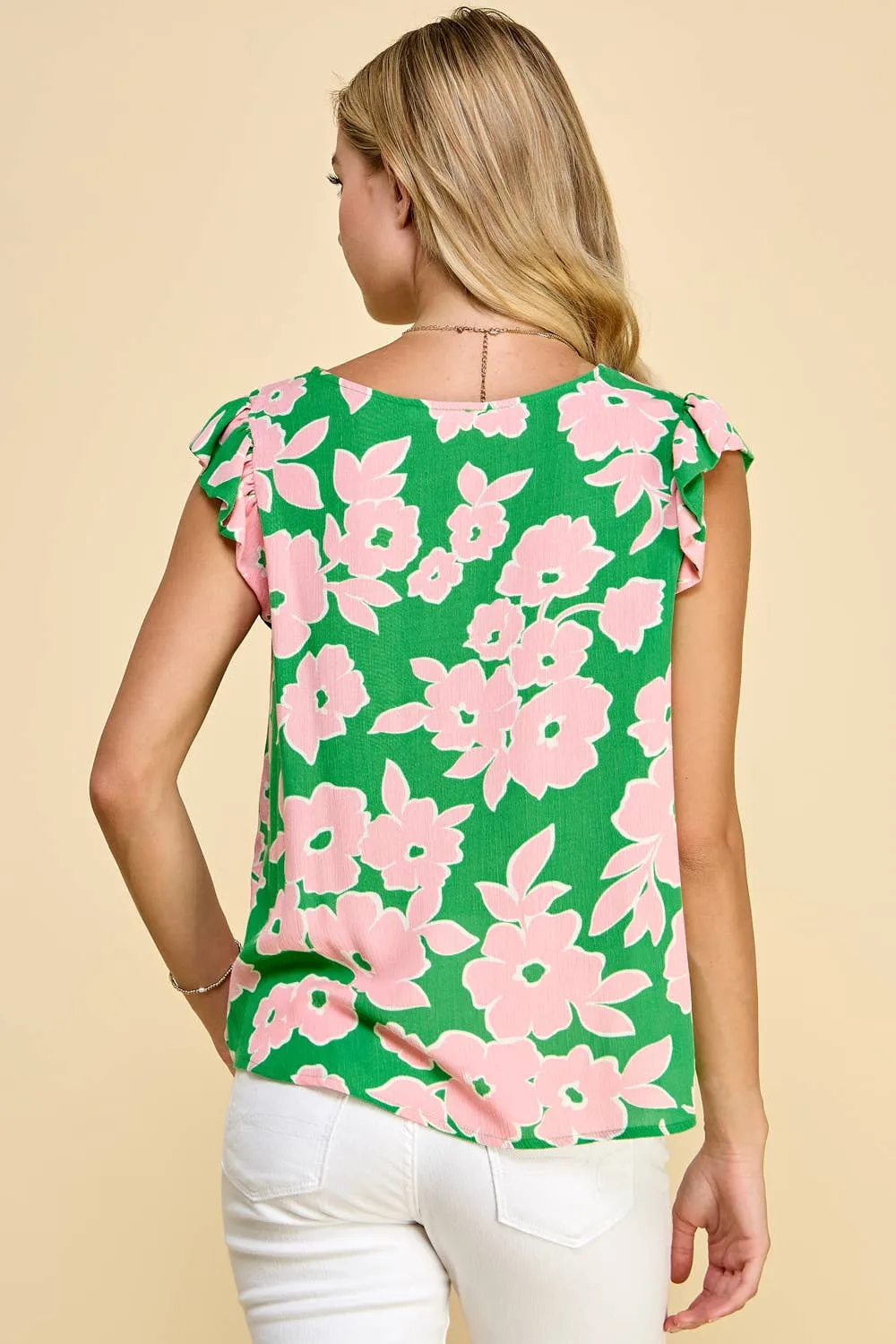 Floral Printed Top with Ruffled Short Sleeve Detail