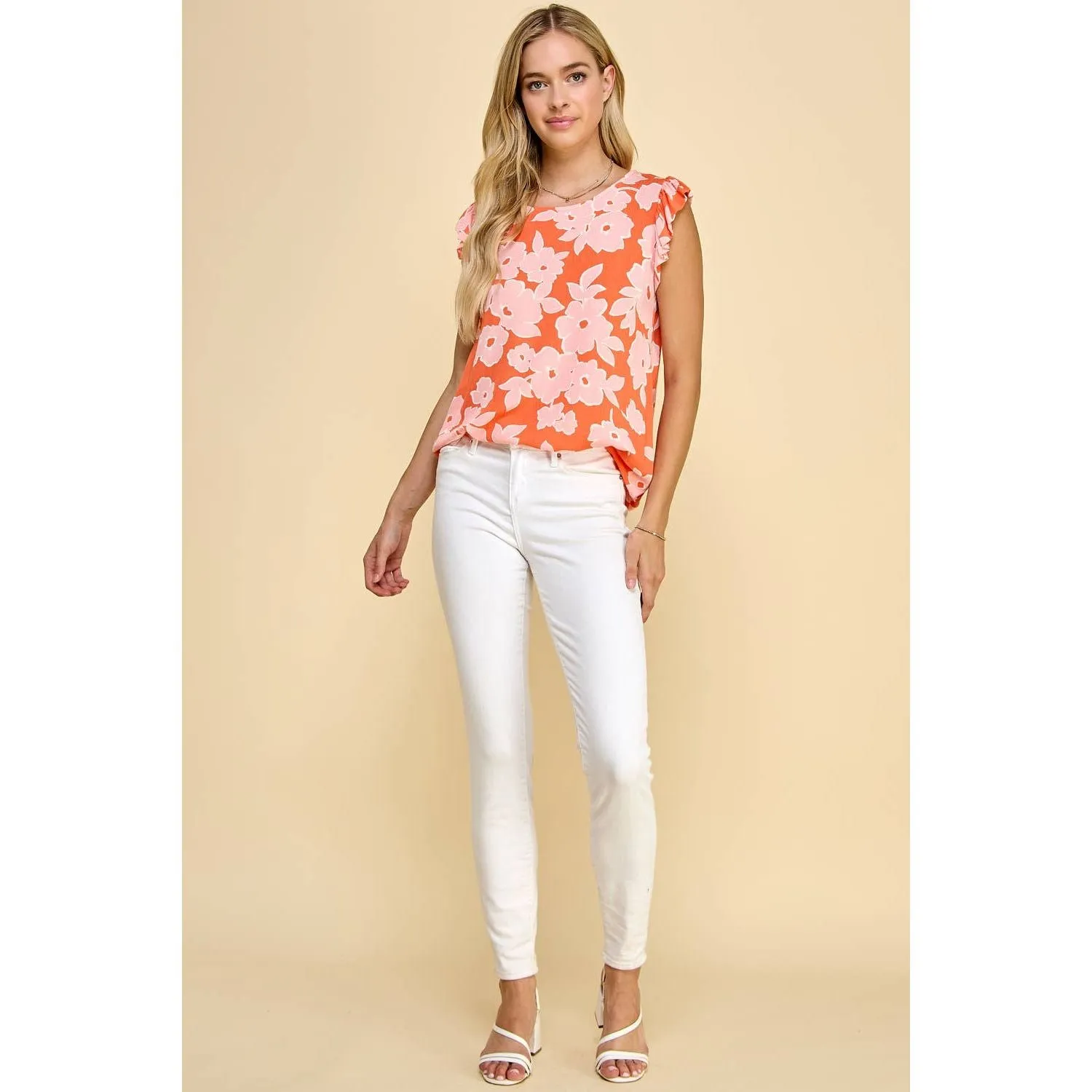 Floral Printed Top with Ruffled Short Sleeve Detail