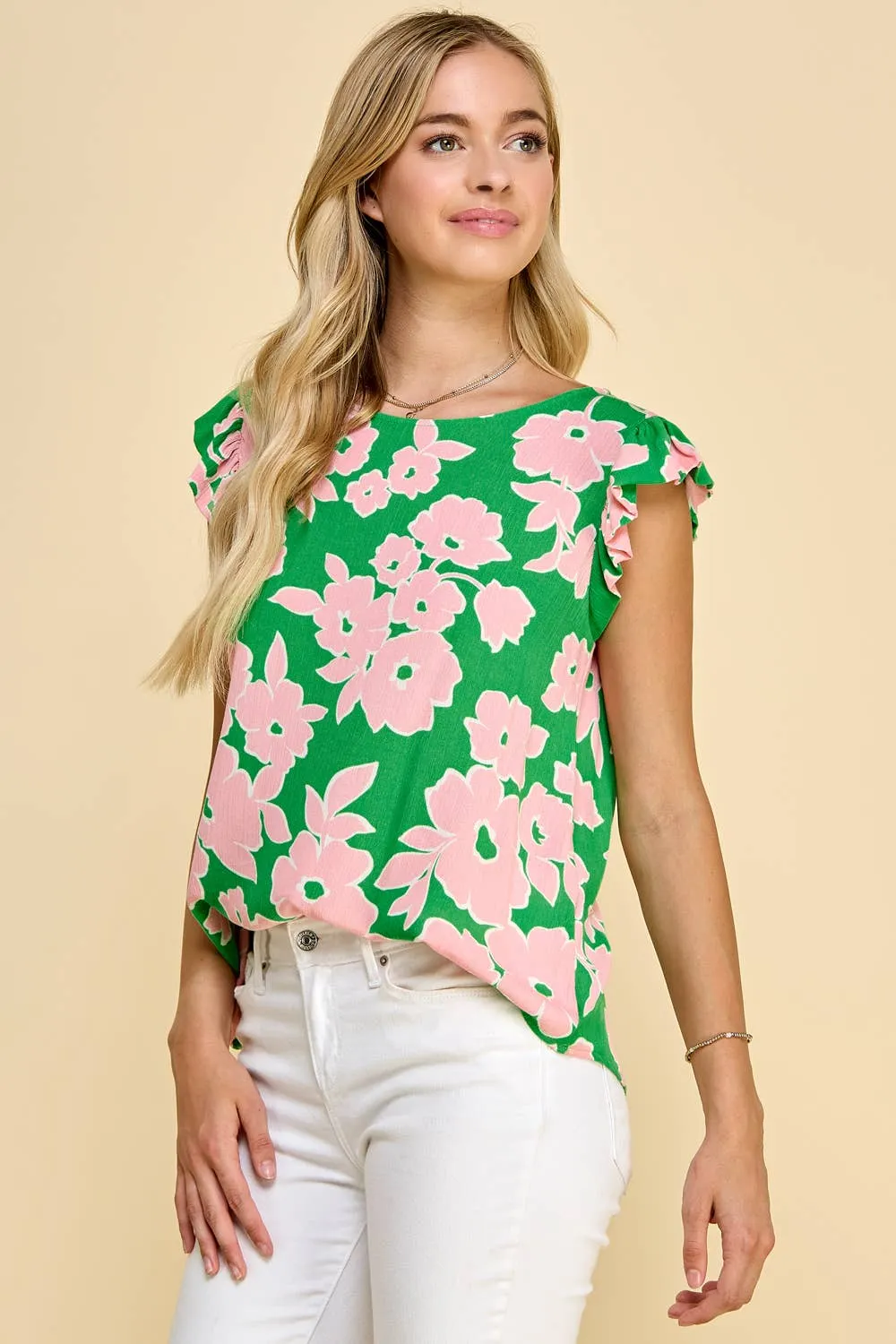 Floral Printed Top with Ruffled Short Sleeve Detail