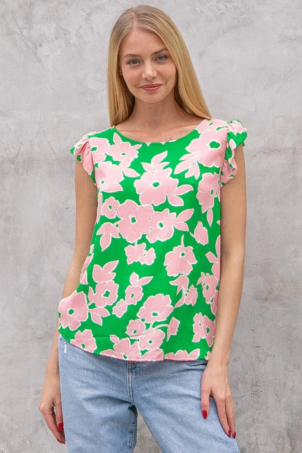 Floral Printed Top with Ruffled Short Sleeve Detail