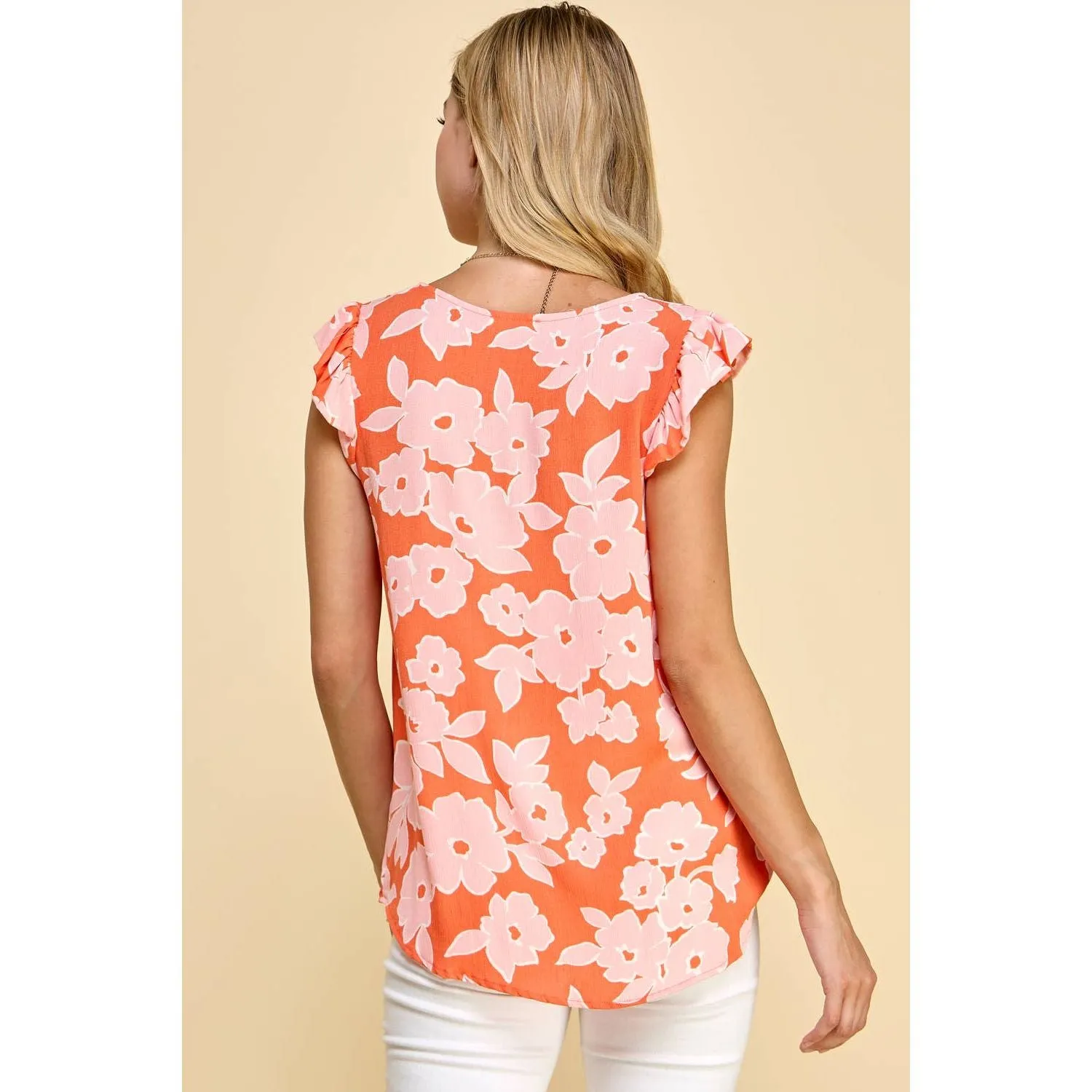 Floral Printed Top with Ruffled Short Sleeve Detail