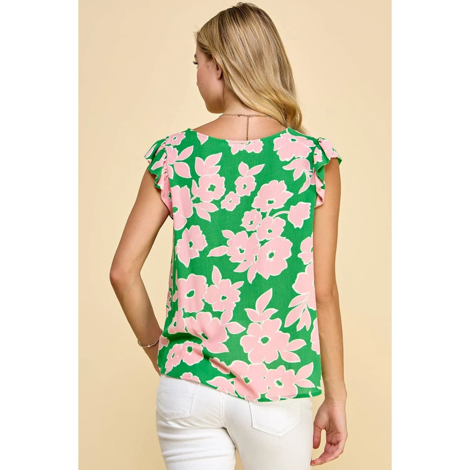 Floral Printed Top with Ruffled Short Sleeve Detail