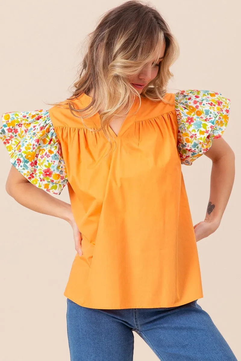 Floral Ruffled Sleeve V-Neck Top