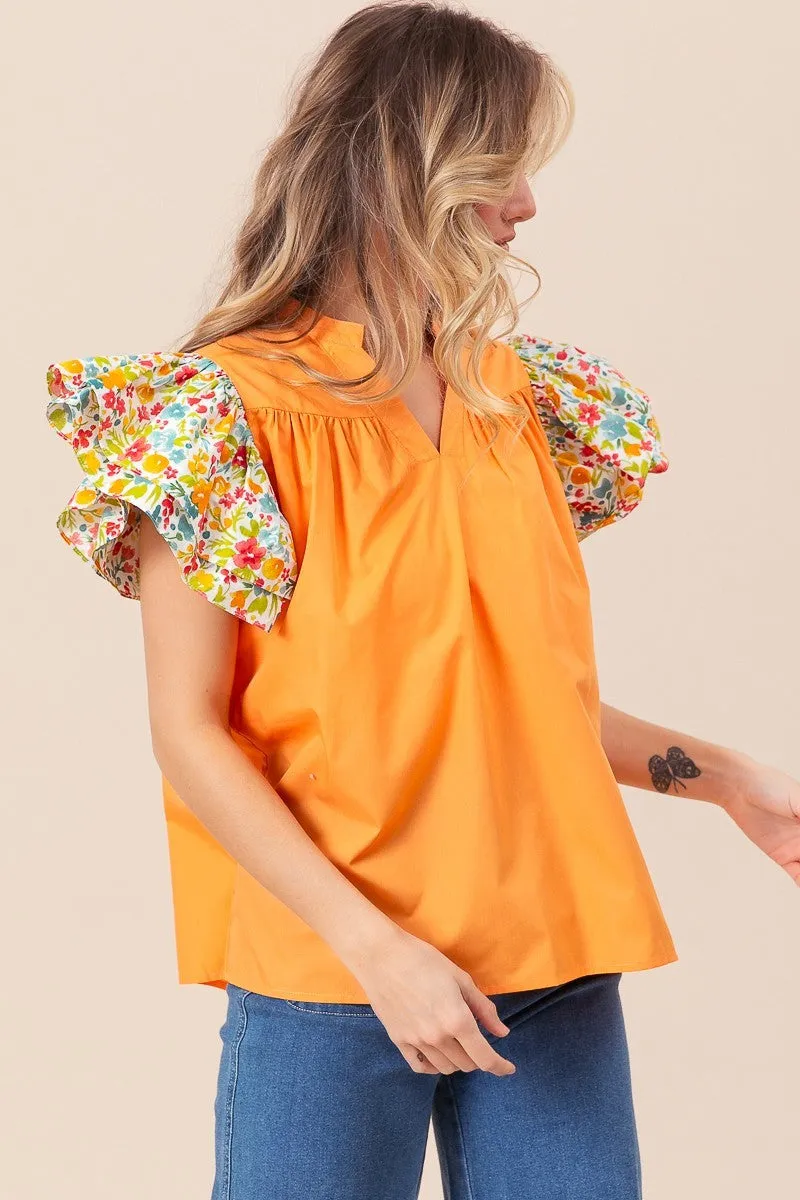 Floral Ruffled Sleeve V-Neck Top