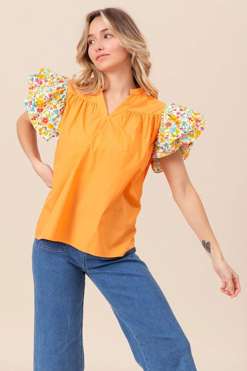 Floral Ruffled Sleeve V-Neck Top