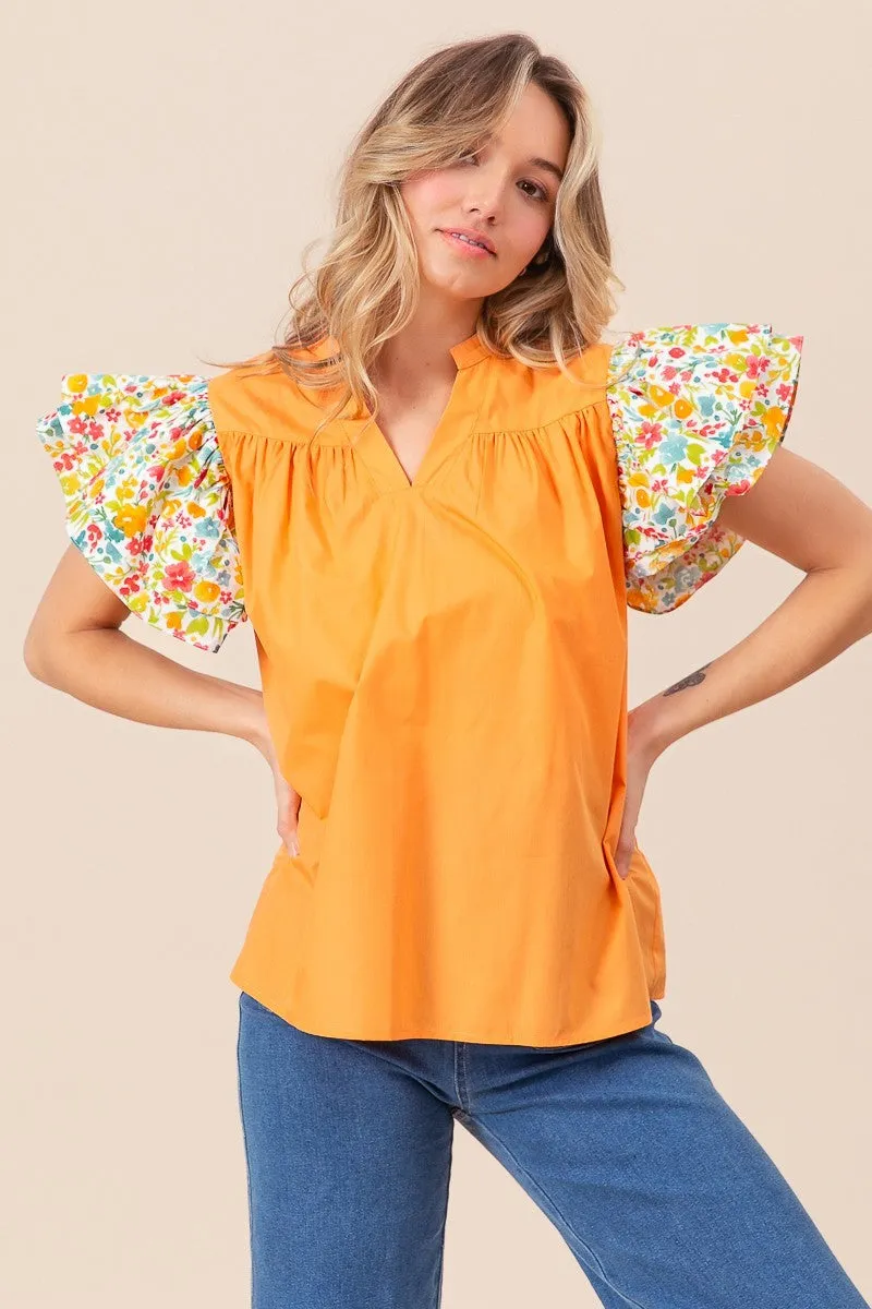 Floral Ruffled Sleeve V-Neck Top