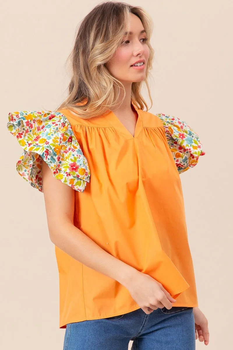 Floral Ruffled Sleeve V-Neck Top