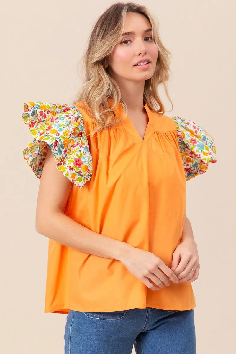 Floral Ruffled Sleeve V-Neck Top