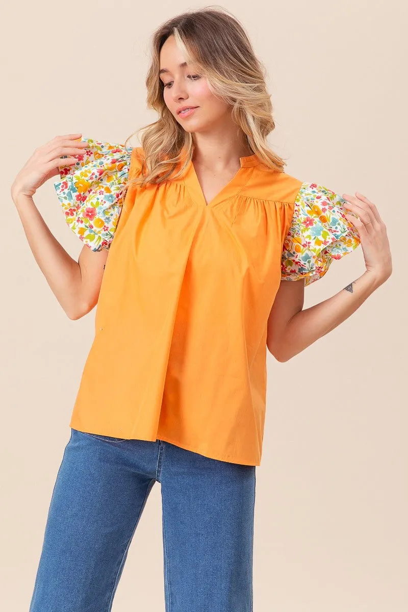 Floral Ruffled Sleeve V-Neck Top