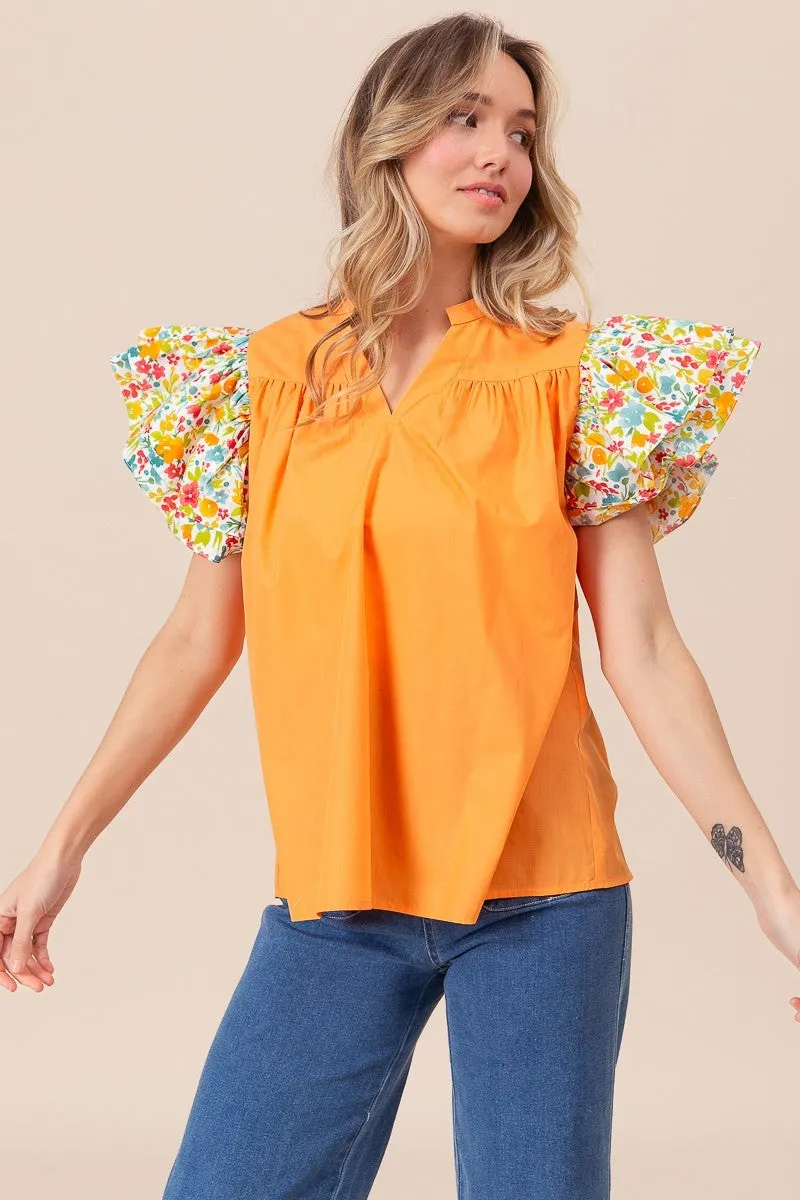 Floral Ruffled Sleeve V-Neck Top