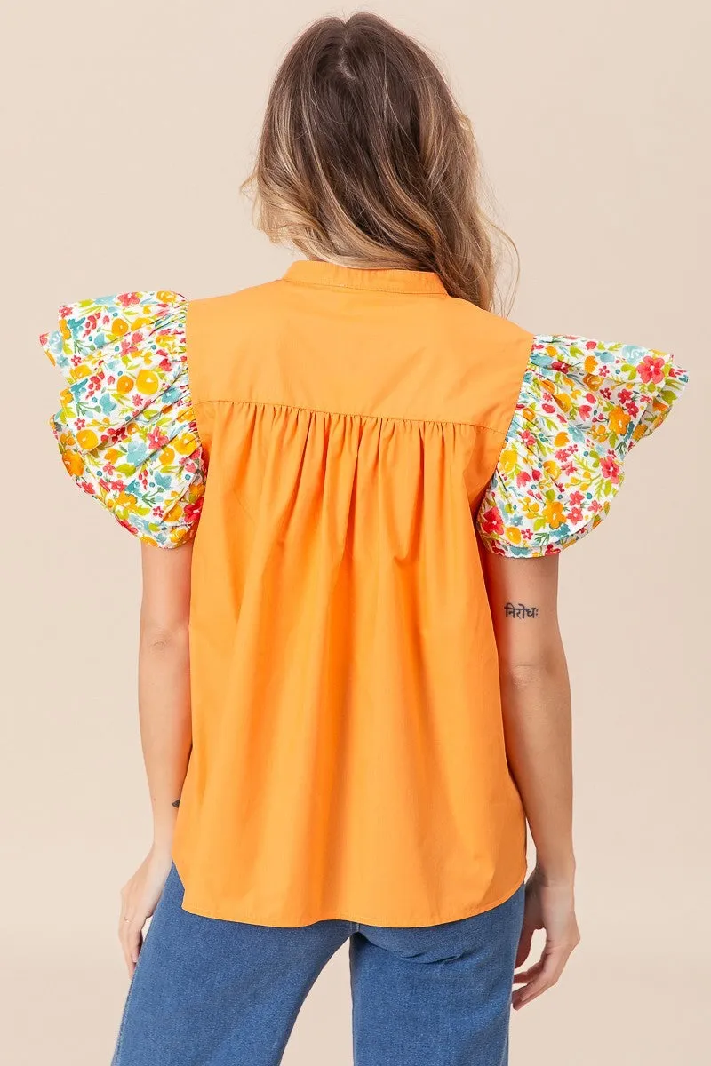 Floral Ruffled Sleeve V-Neck Top