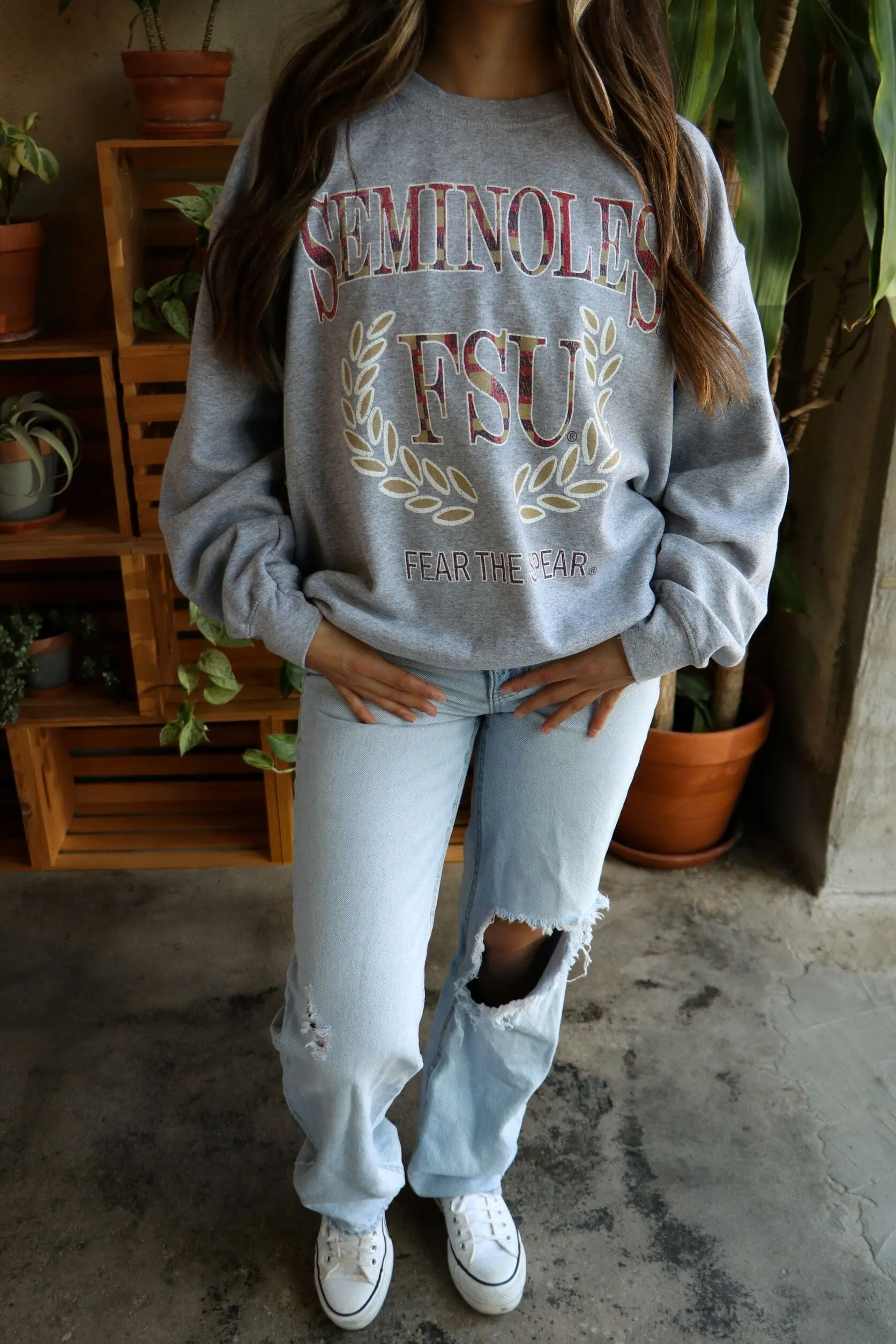 FSU Plaid Crest Gray Thrifted Sweatshirt