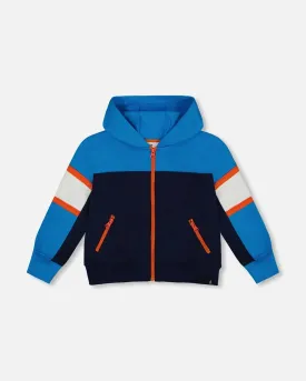 Full Zip Colorblock Hooded Fleece Sweatshirt Navy