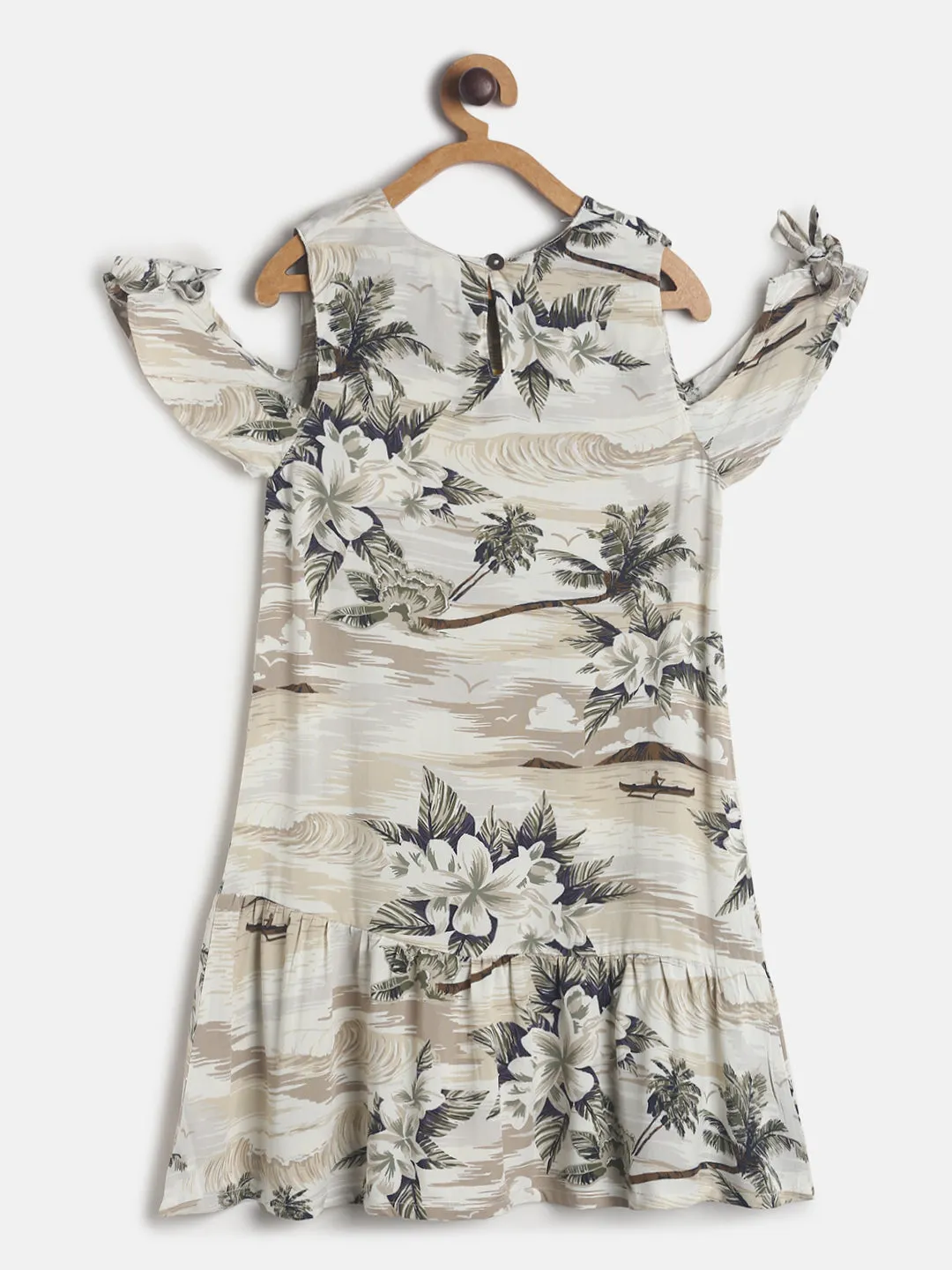 Girls Beige Floral Printed Dress