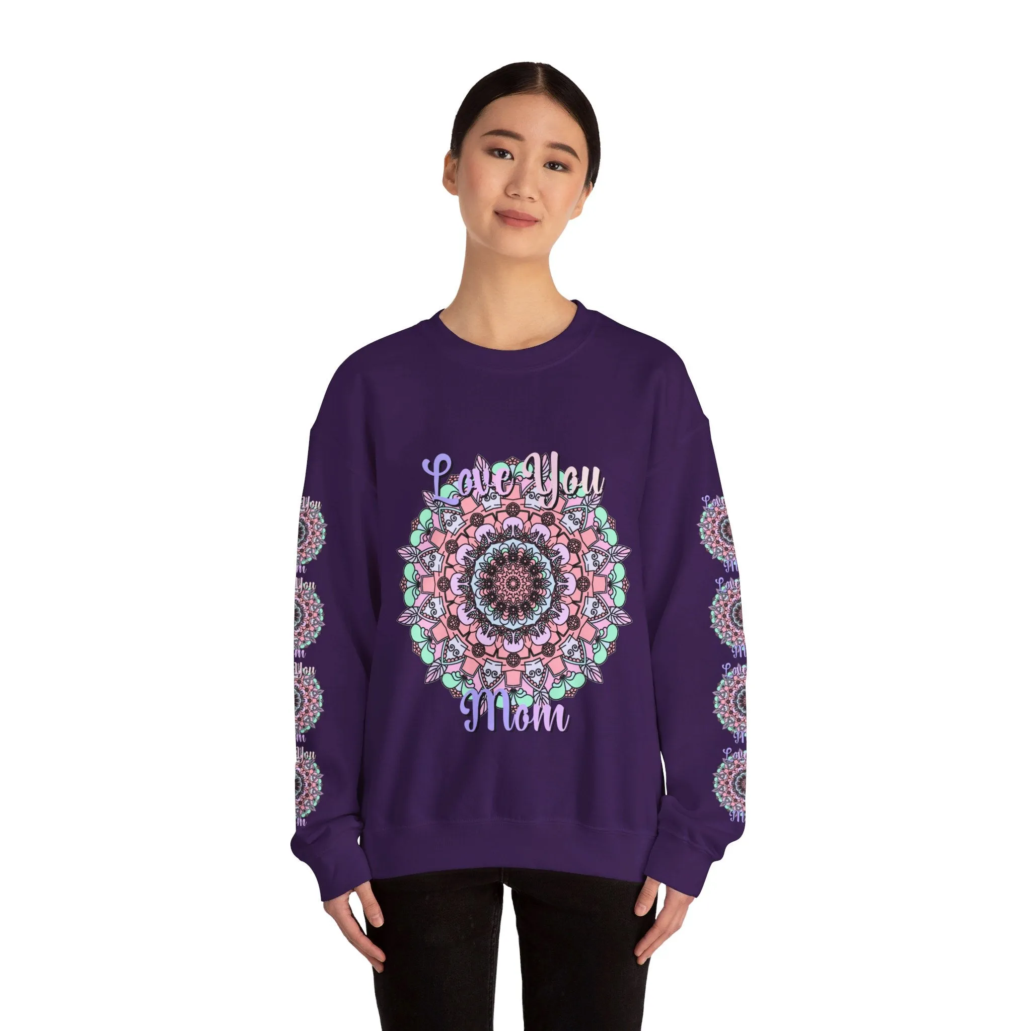 Handmade Mandala Design Crewneck Sweatshirt for Mom - Love You Mom