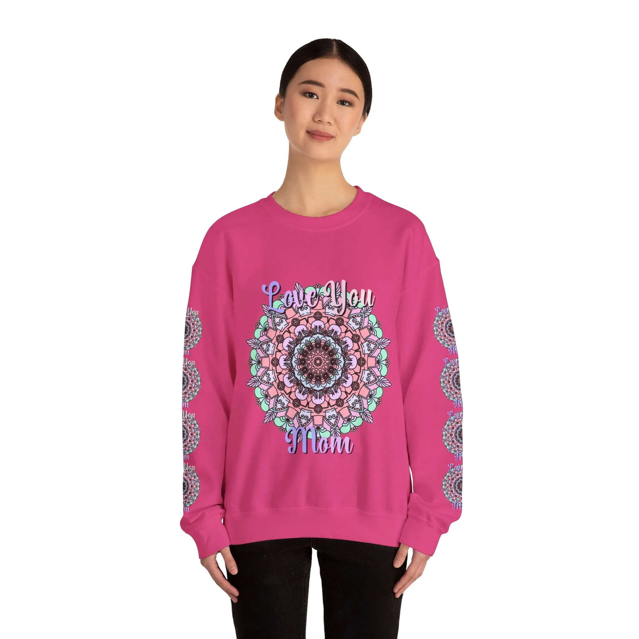 Handmade Mandala Design Crewneck Sweatshirt for Mom - Love You Mom