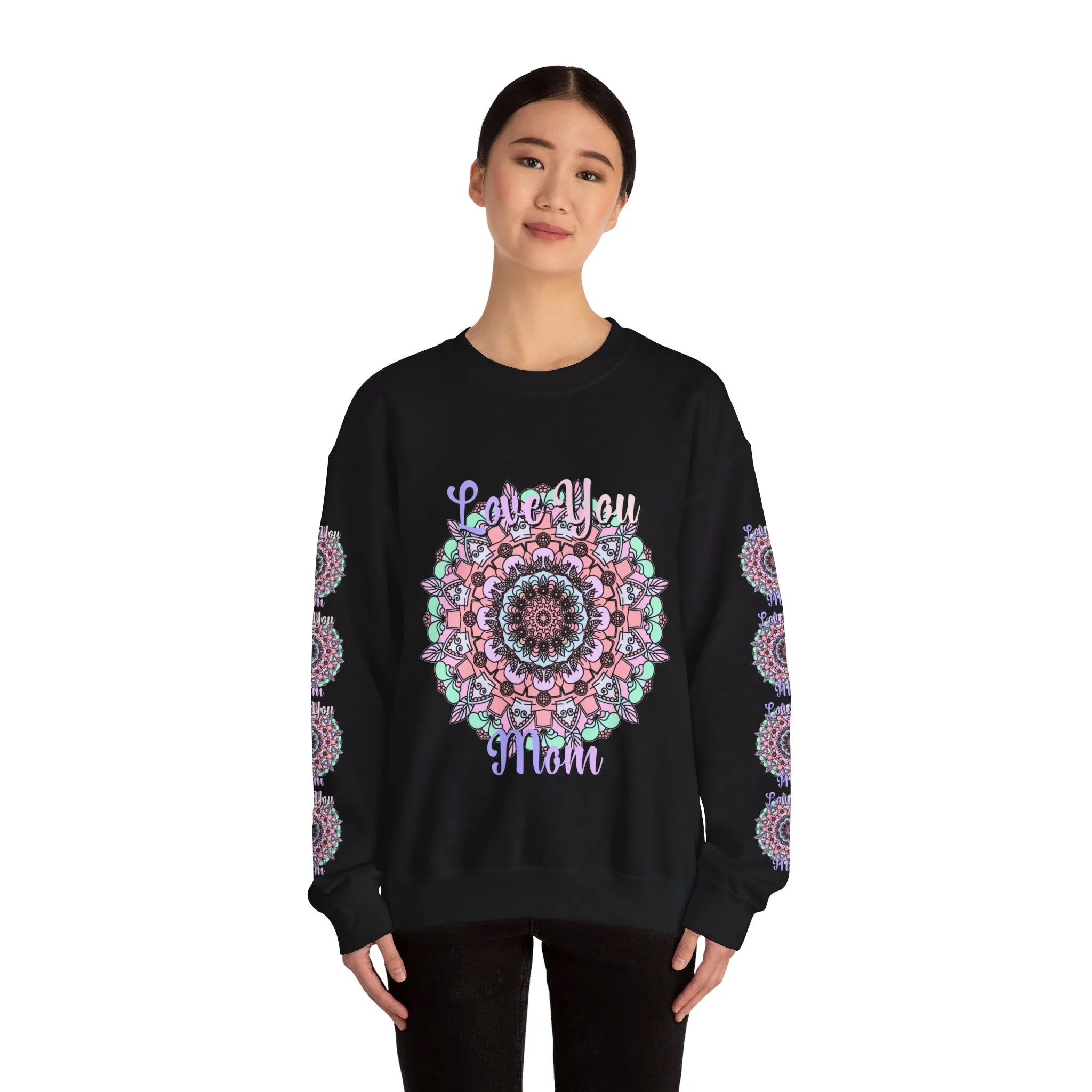 Handmade Mandala Design Crewneck Sweatshirt for Mom - Love You Mom