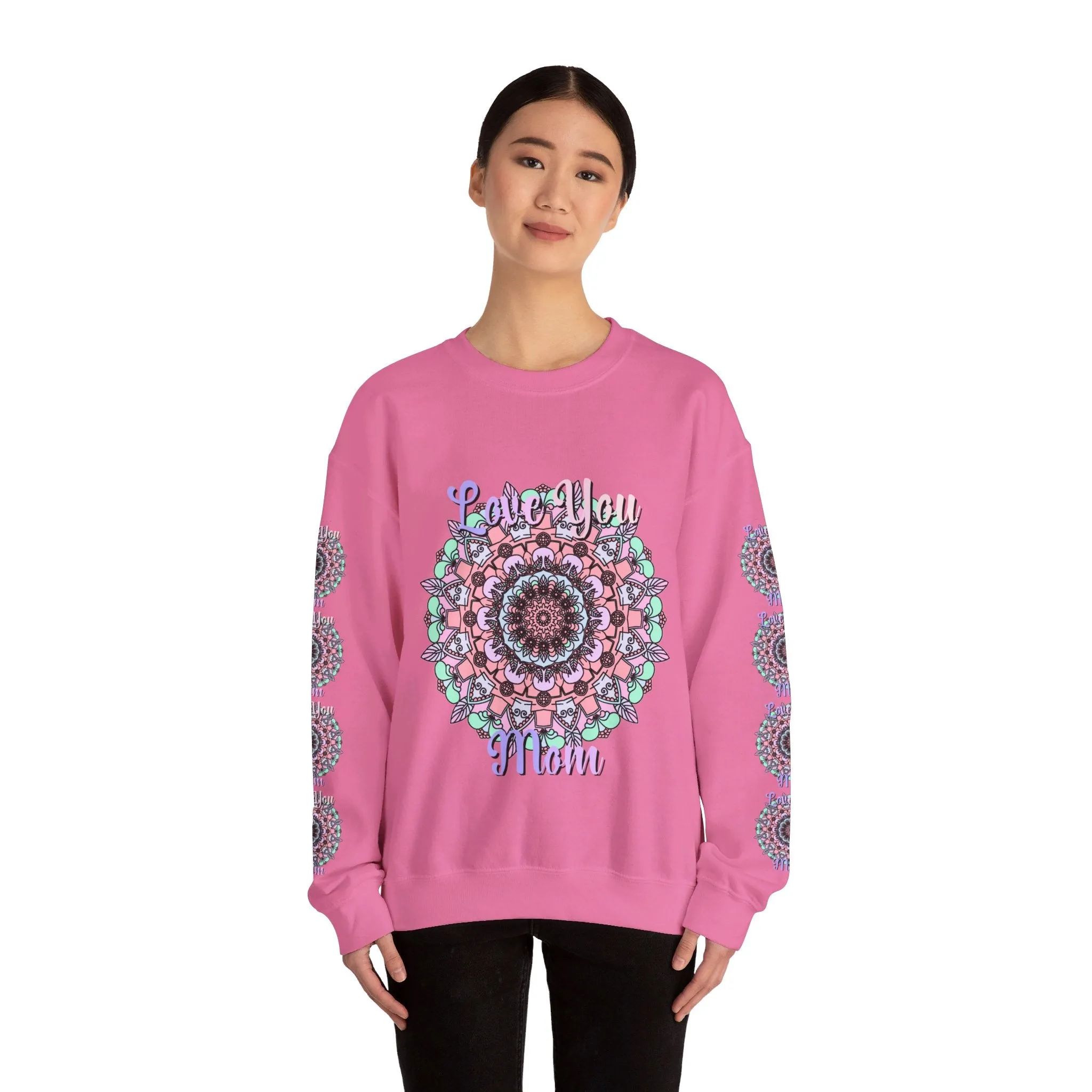 Handmade Mandala Design Crewneck Sweatshirt for Mom - Love You Mom